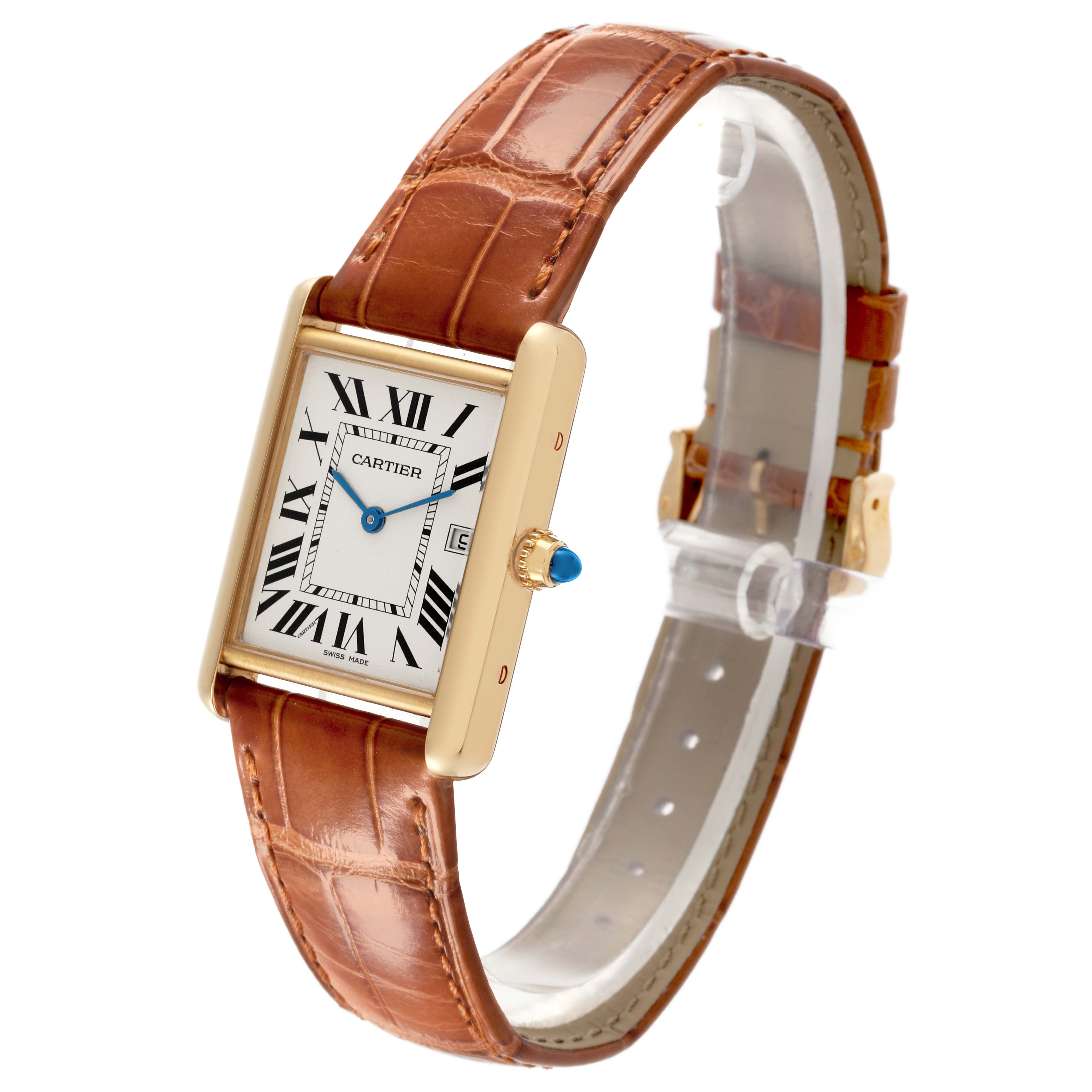 The Cartier Tank Louis W1529756 Men's Yellow Gold Silver Dial W1529756 Men's Yellow Gold Silver Dial watch is shown at a three-quarter angle, highlighting its rectangular face and brown leather strap.
