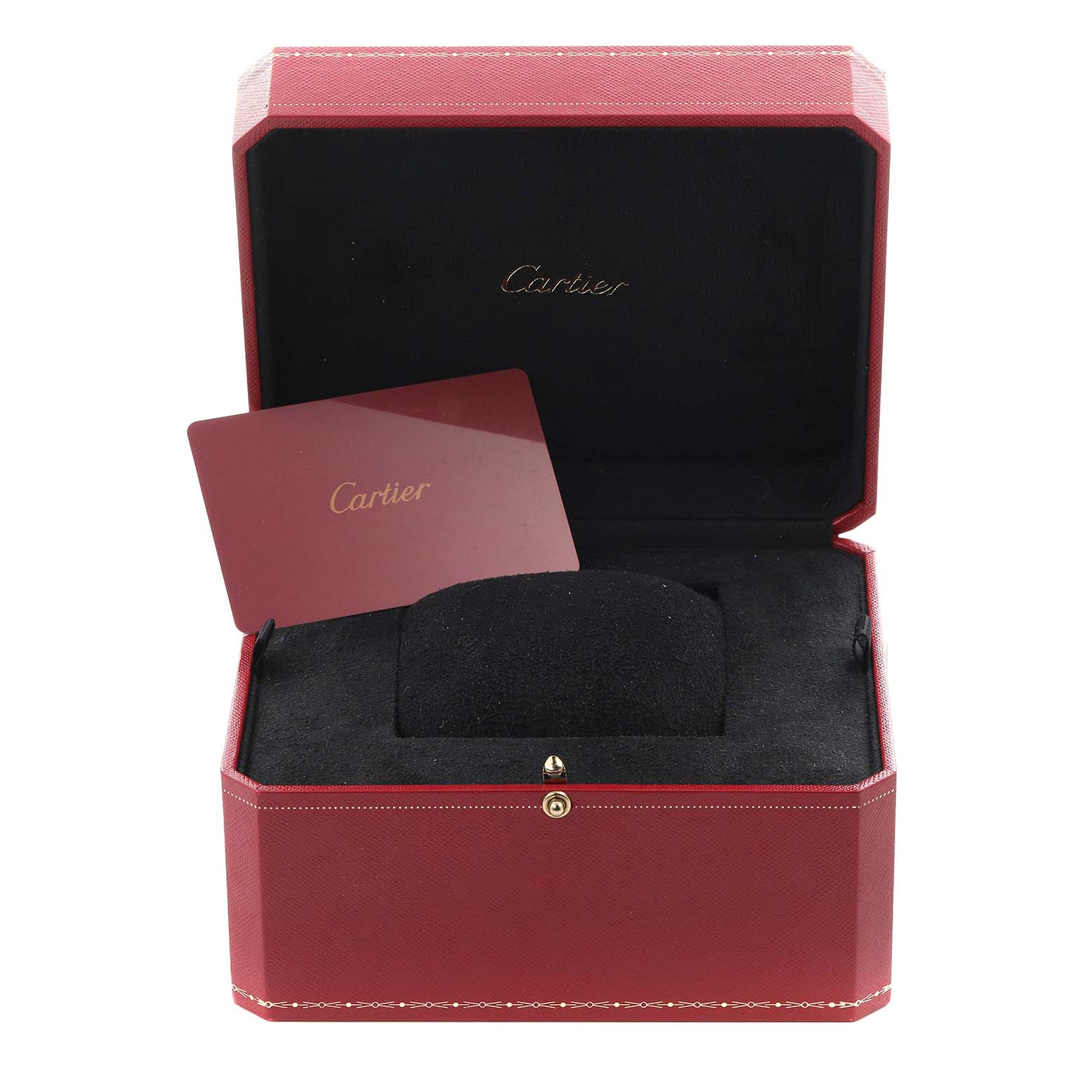 This image shows the Cartier Tank Louis W1529756 Men's Yellow Gold Silver Dial W1529756 Men's Yellow Gold Silver Dial watch box open, revealing a cushion and a Cartier card.