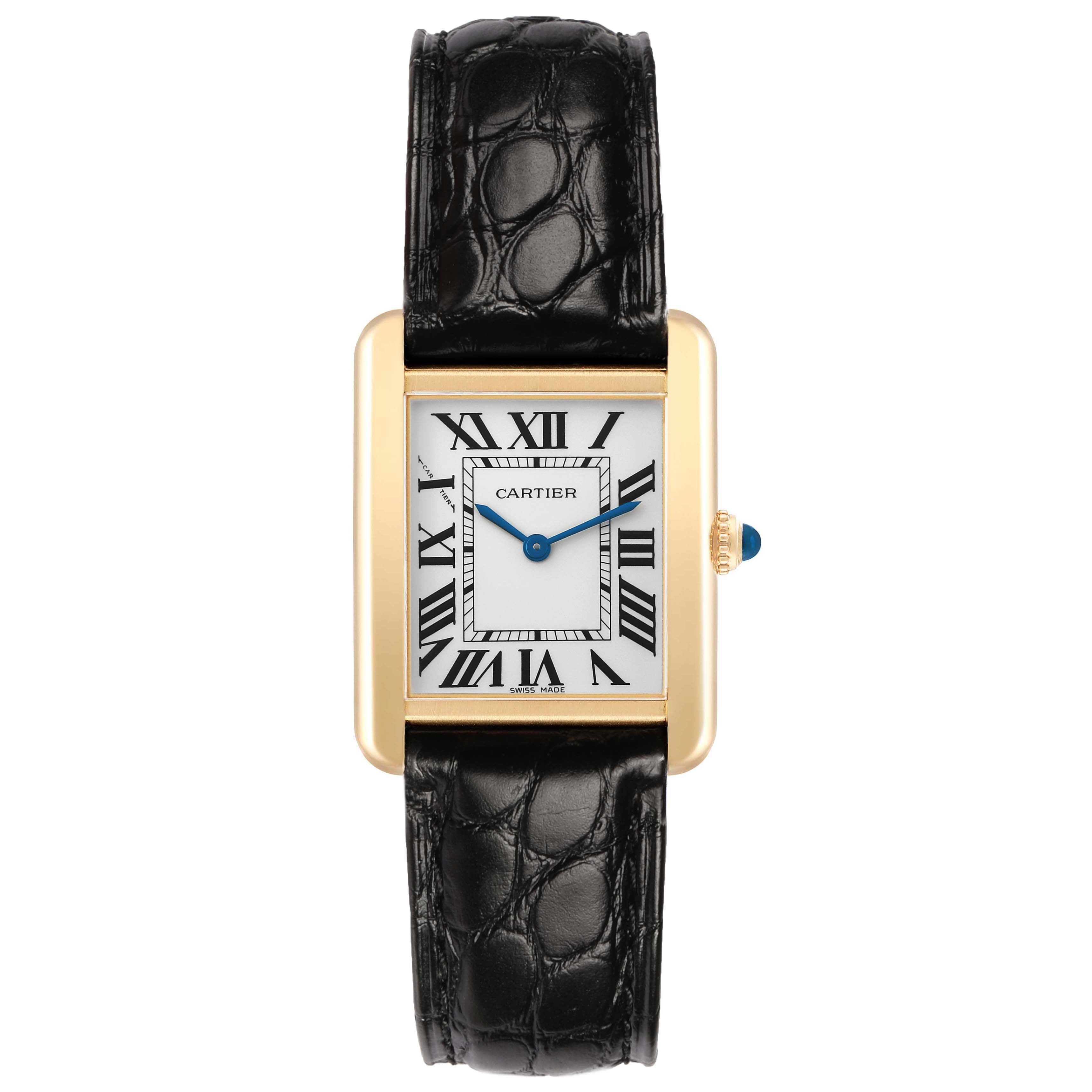 The Cartier Tank Solo W1018755 Women's Yellow Gold Silver Dial watch is shown from the front, featuring a rectangular gold case, Roman numeral dial, and black leather strap.