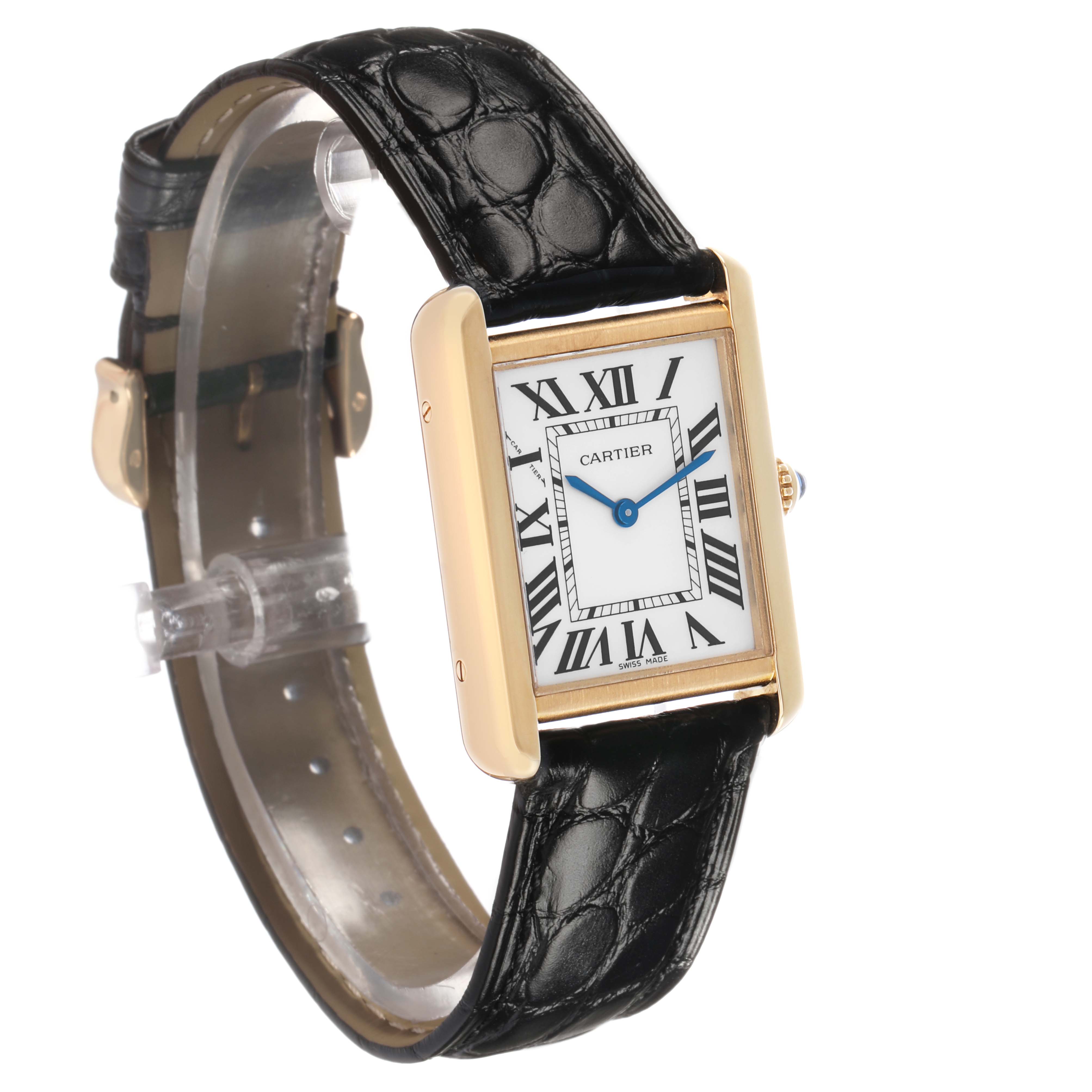 The Cartier Tank Solo W1018755 Women's Yellow Gold Silver Dial watch is shown at a three-quarter angle, highlighting its rectangular face, Roman numerals, and black leather strap.