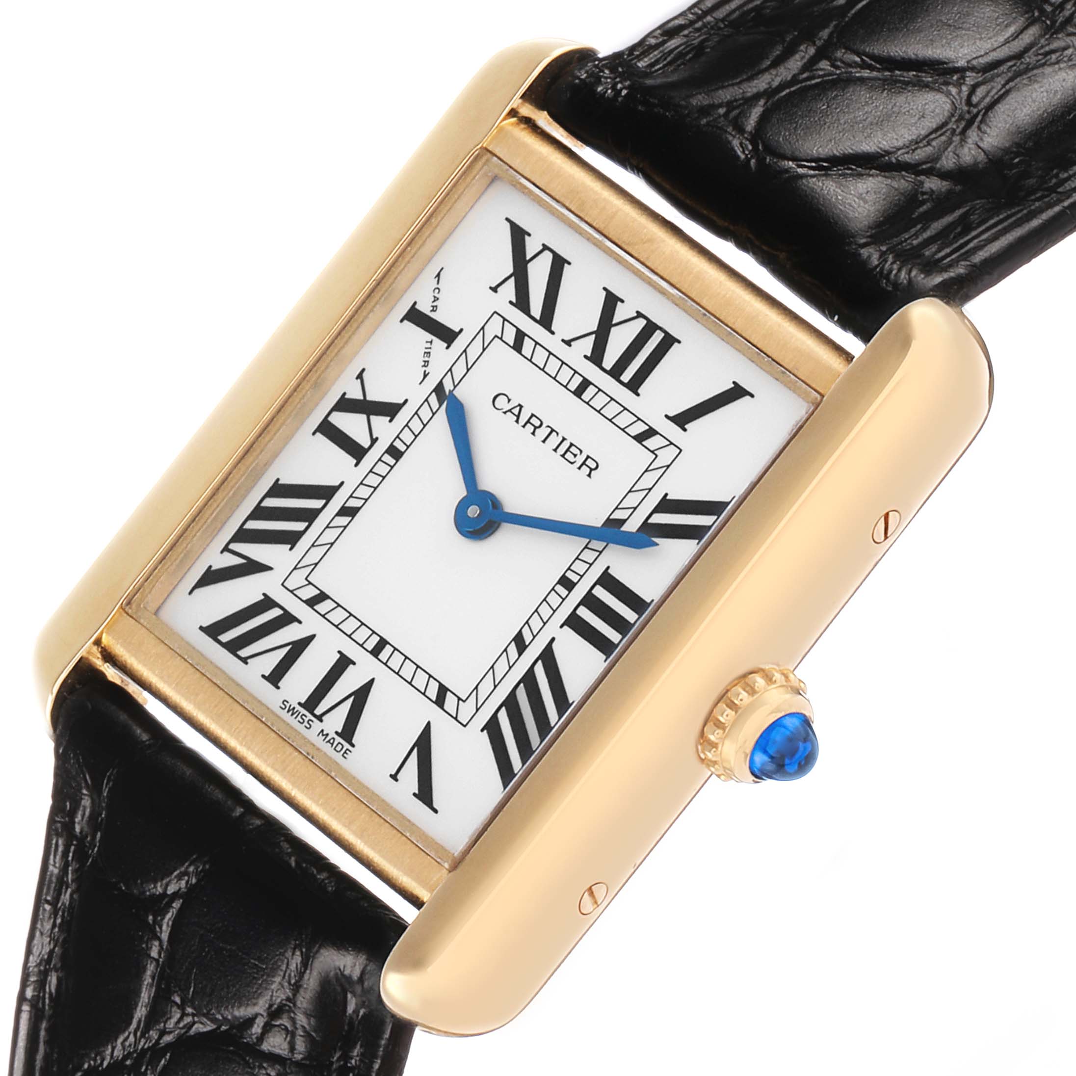 The Cartier Tank Solo W1018755 Women's Yellow Gold Silver Dial watch is shown at a slight angle, highlighting its face, gold bezel, black leather strap, and blue sapphire crown.