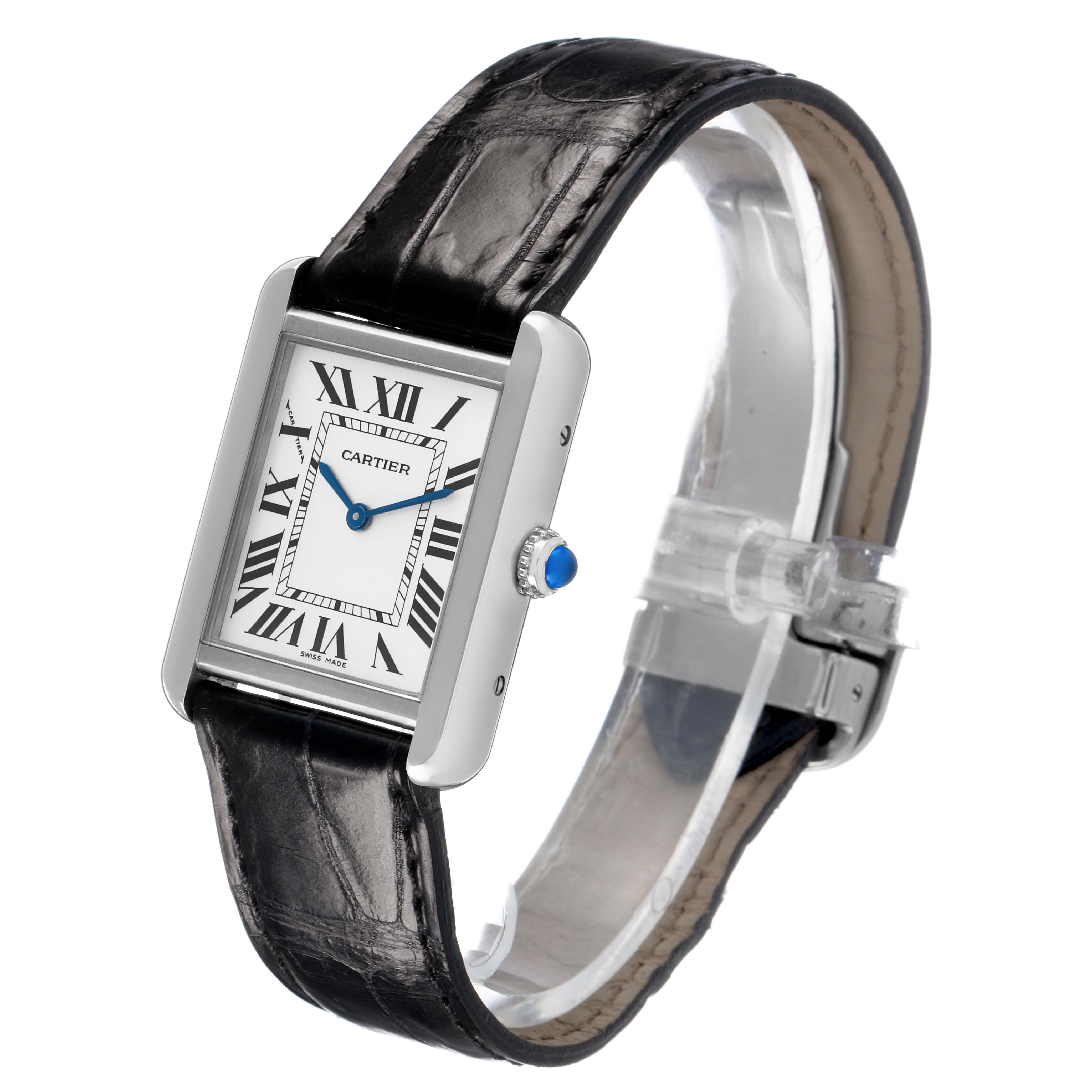 The Cartier Tank Solo W1018255 Women's Stainless Steel Silver Dial watch is shown at an angled side view, displaying the face, crown, and leather strap.