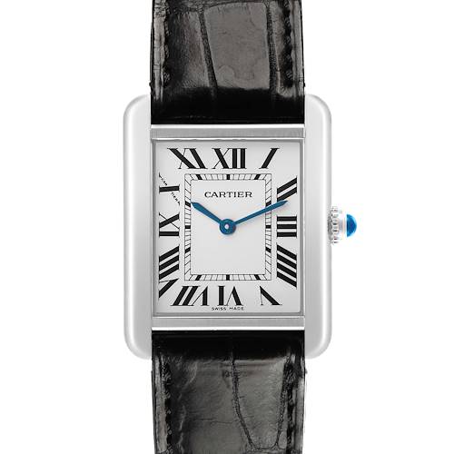 The Cartier Tank Solo W1018255 Women's Stainless Steel Silver Dial watch is shown from a front angle, displaying the face, Roman numerals, leather strap, and crown with a blue cabochon.