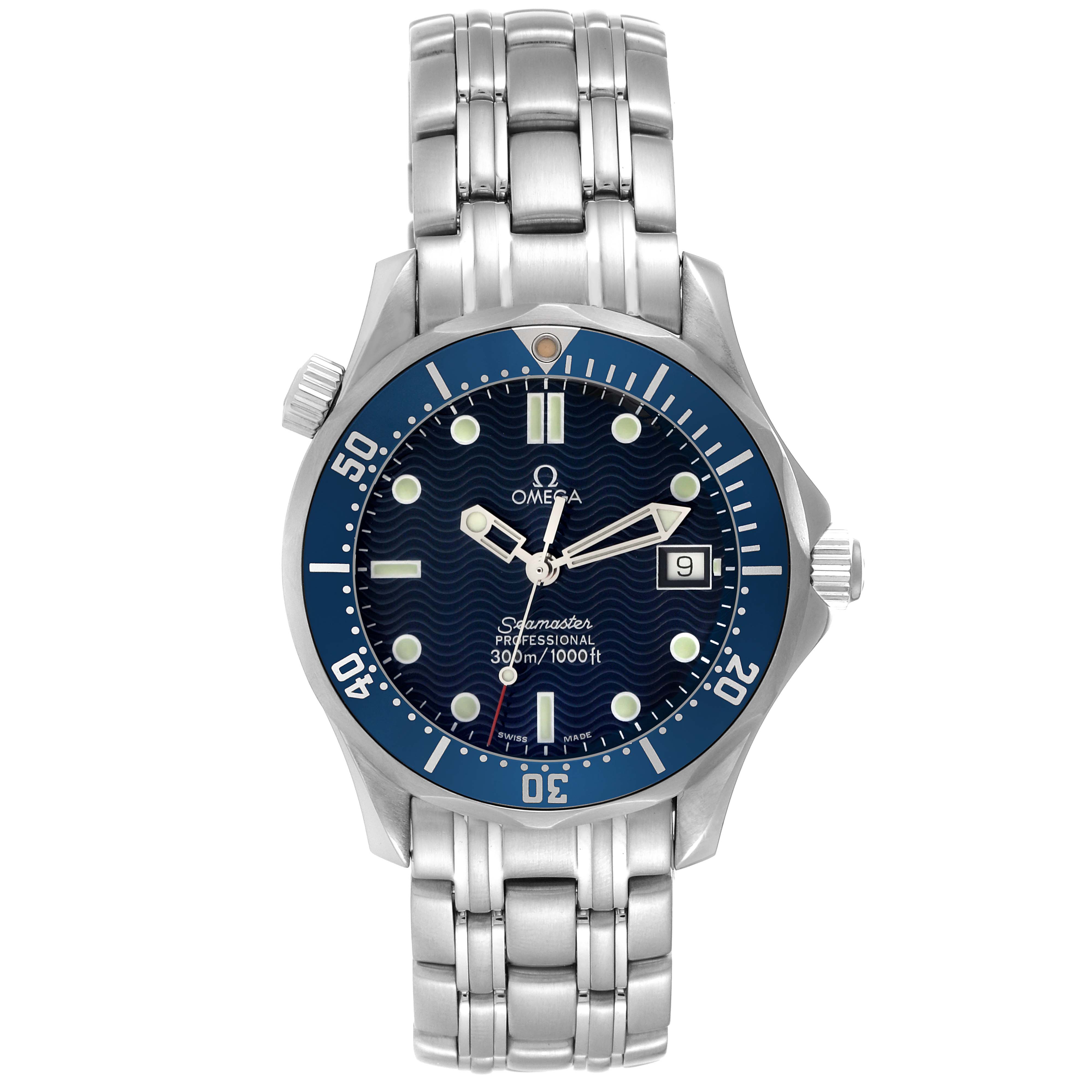 The image shows a front view of an Omega Seamaster 2561.80.00 Men
s Stainless Steel Blue Dial 2561.80.00 Men
s Stainless Steel Blue Dial watch, displaying the dial, bezel, crown, and bracelet.