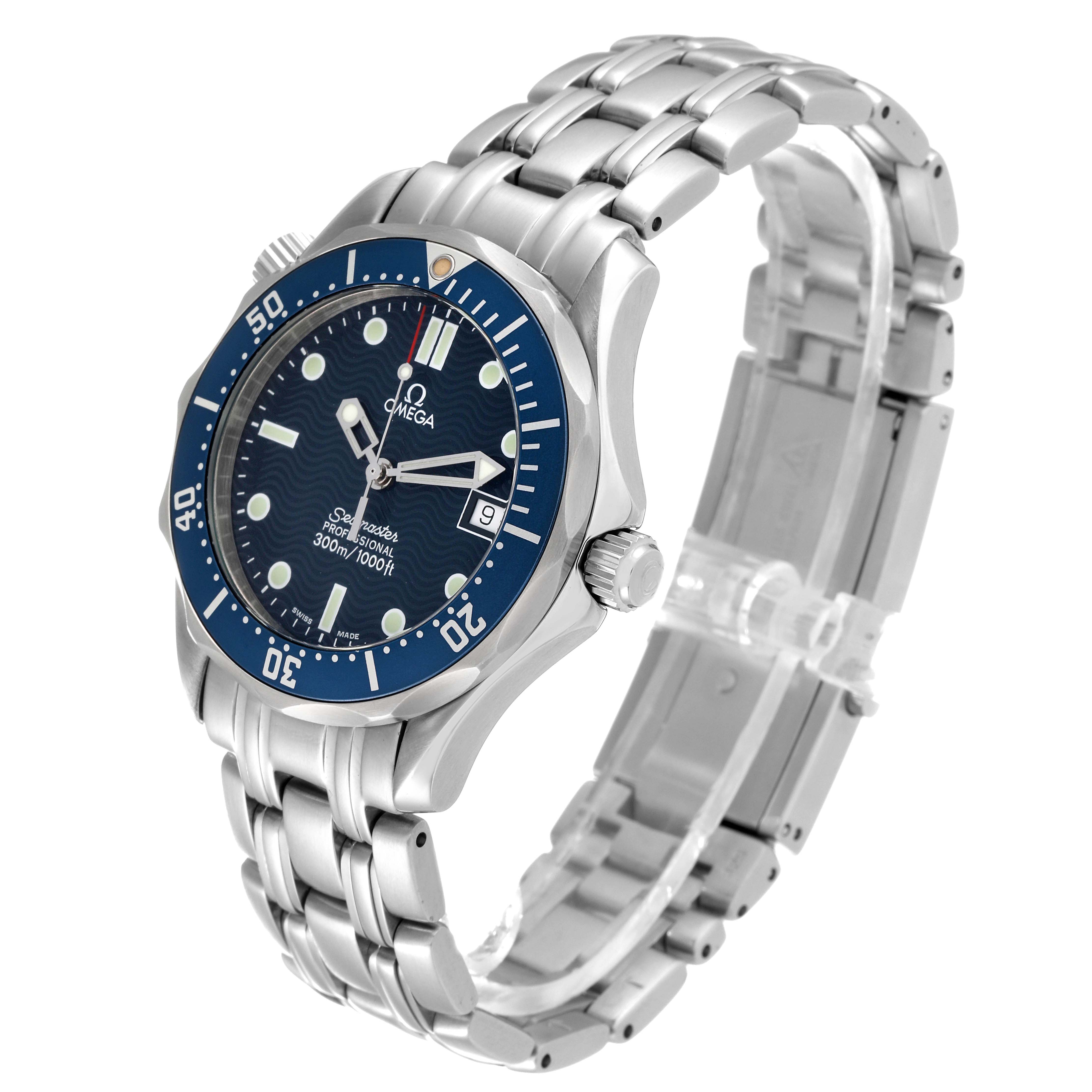 The image shows an Omega Seamaster 2561.80.00 Men
s Stainless Steel Blue Dial 2561.80.00 Men
s Stainless Steel Blue Dial watch from an angled side view, highlighting its face, bezel, crown, and bracelet.