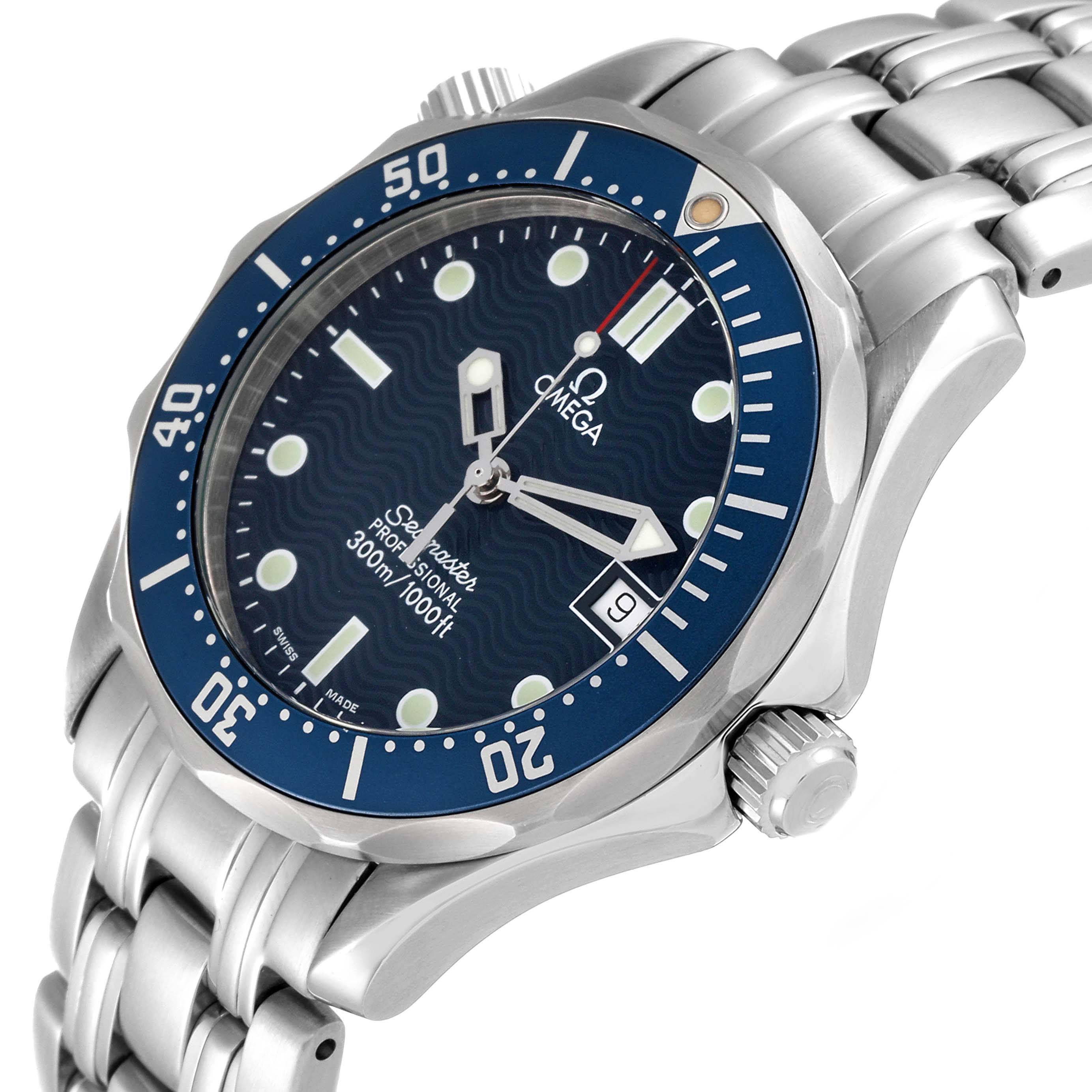 The image shows a side angle view of the Omega Seamaster 2561.80.00 Men
s Stainless Steel Blue Dial 2561.80.00 Men
s Stainless Steel Blue Dial watch, highlighting the bezel, dial, bracelet, and crown.