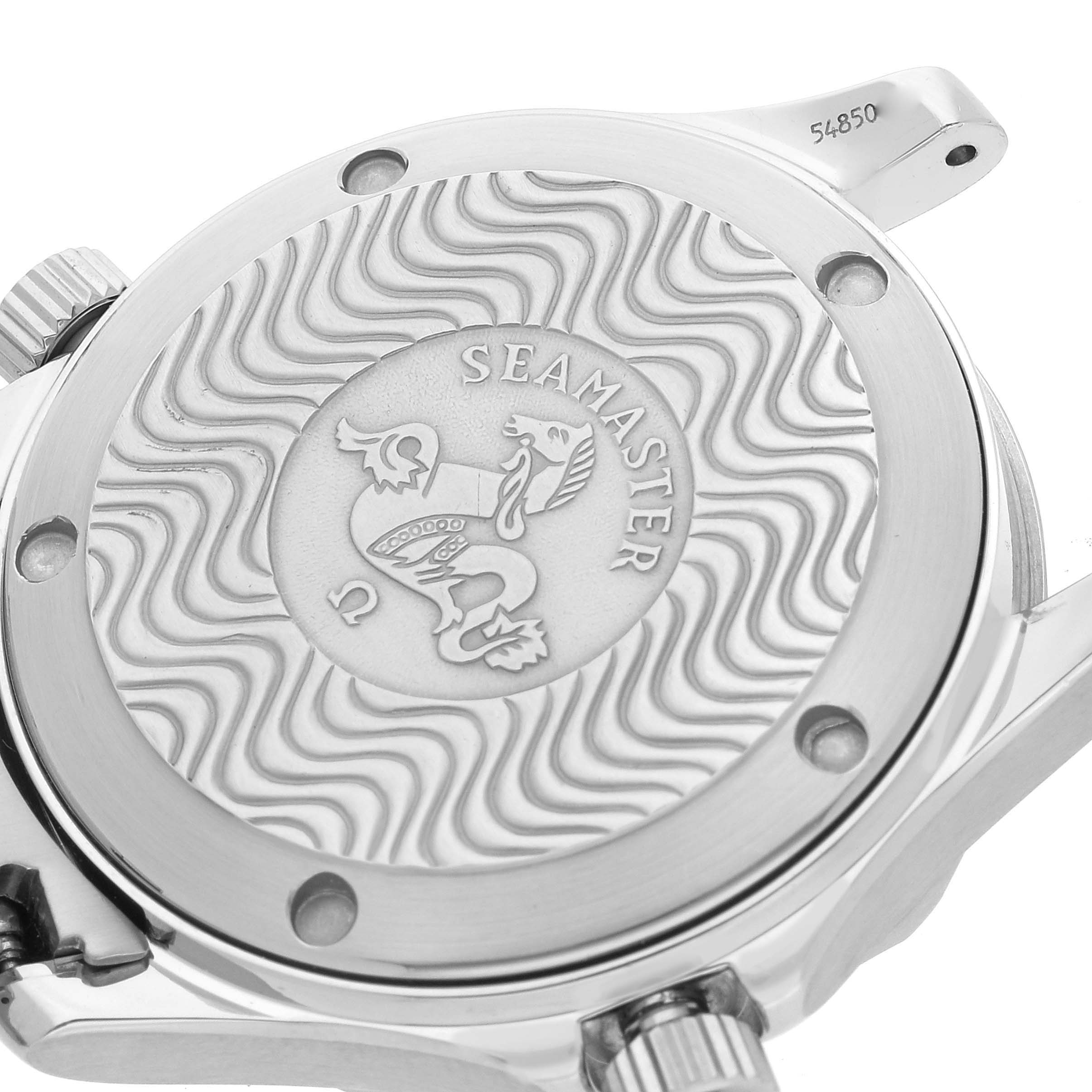 This is a close-up view of the Omega Seamaster 2561.80.00 Men
s Stainless Steel Blue Dial 2561.80.00 Men
s Stainless Steel Blue Dial
s case back, displaying the engraved logo and wave pattern.