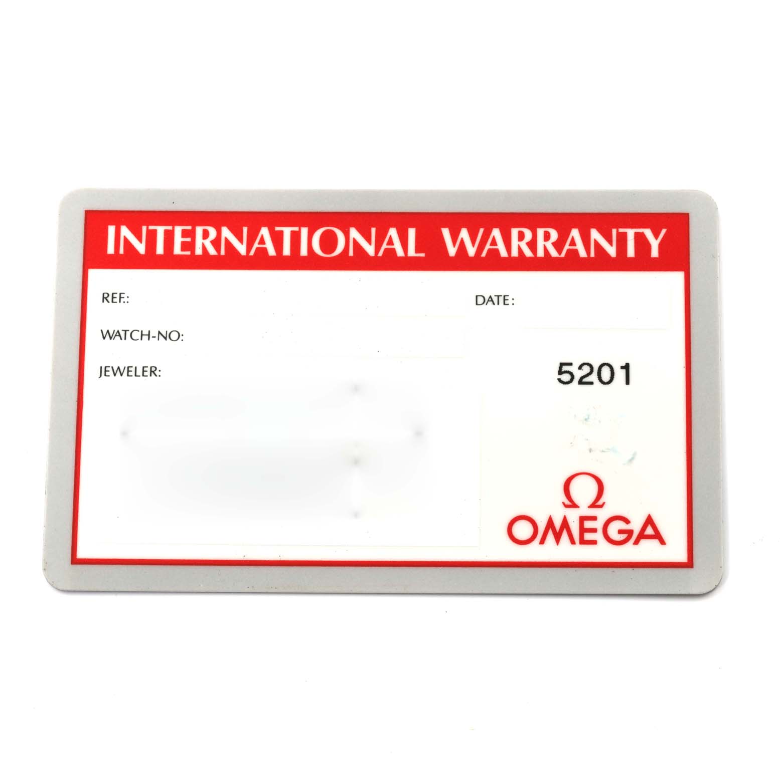 The image shows the international warranty card for the Omega Seamaster 2561.80.00 Men
s Stainless Steel Blue Dial 2561.80.00 Men
s Stainless Steel Blue Dial watch, displaying reference fields and the Omega logo.