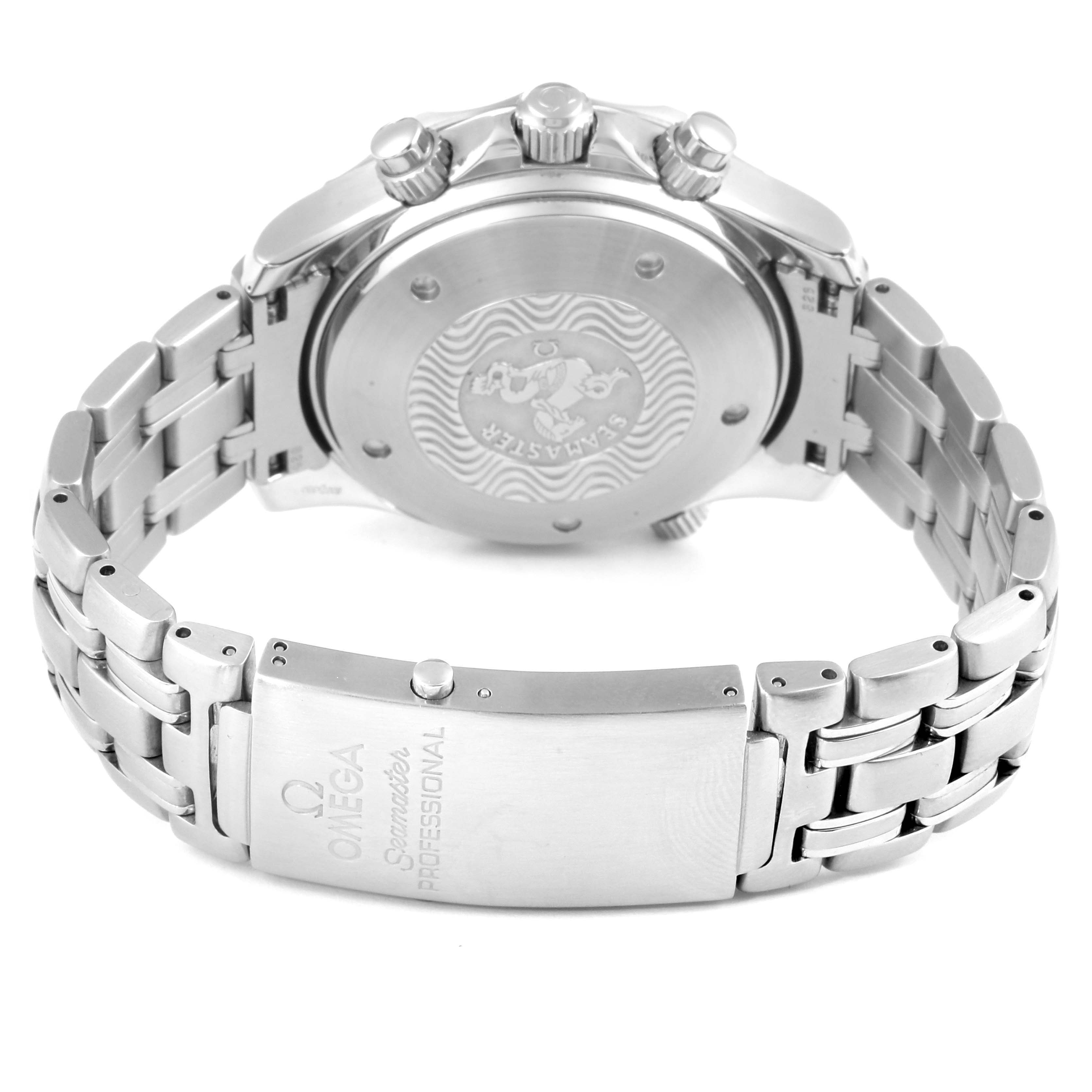 This image shows the Omega Seamaster 2599.80.00 Men
s Stainless Steel Blue Dial 2599.80.00 Men
s Stainless Steel Blue Dial watch from the back, highlighting the case back, bracelet, and clasp with engraved branding.