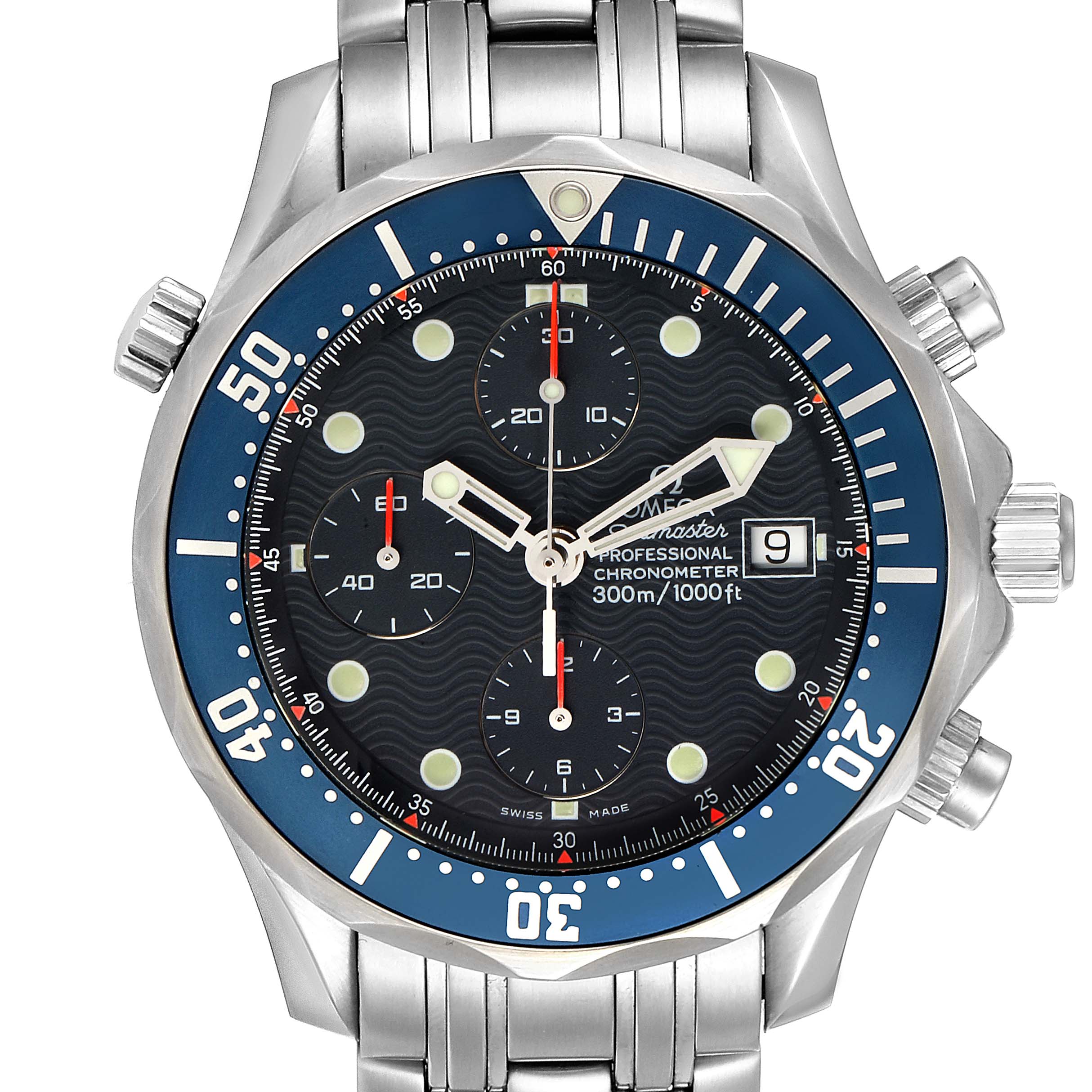 The image shows a front view of the Omega Seamaster 2599.80.00 Men
s Stainless Steel Blue Dial 2599.80.00 Men
s Stainless Steel Blue Dial watch, displaying the dial, bezel, hands, and part of the bracelet.