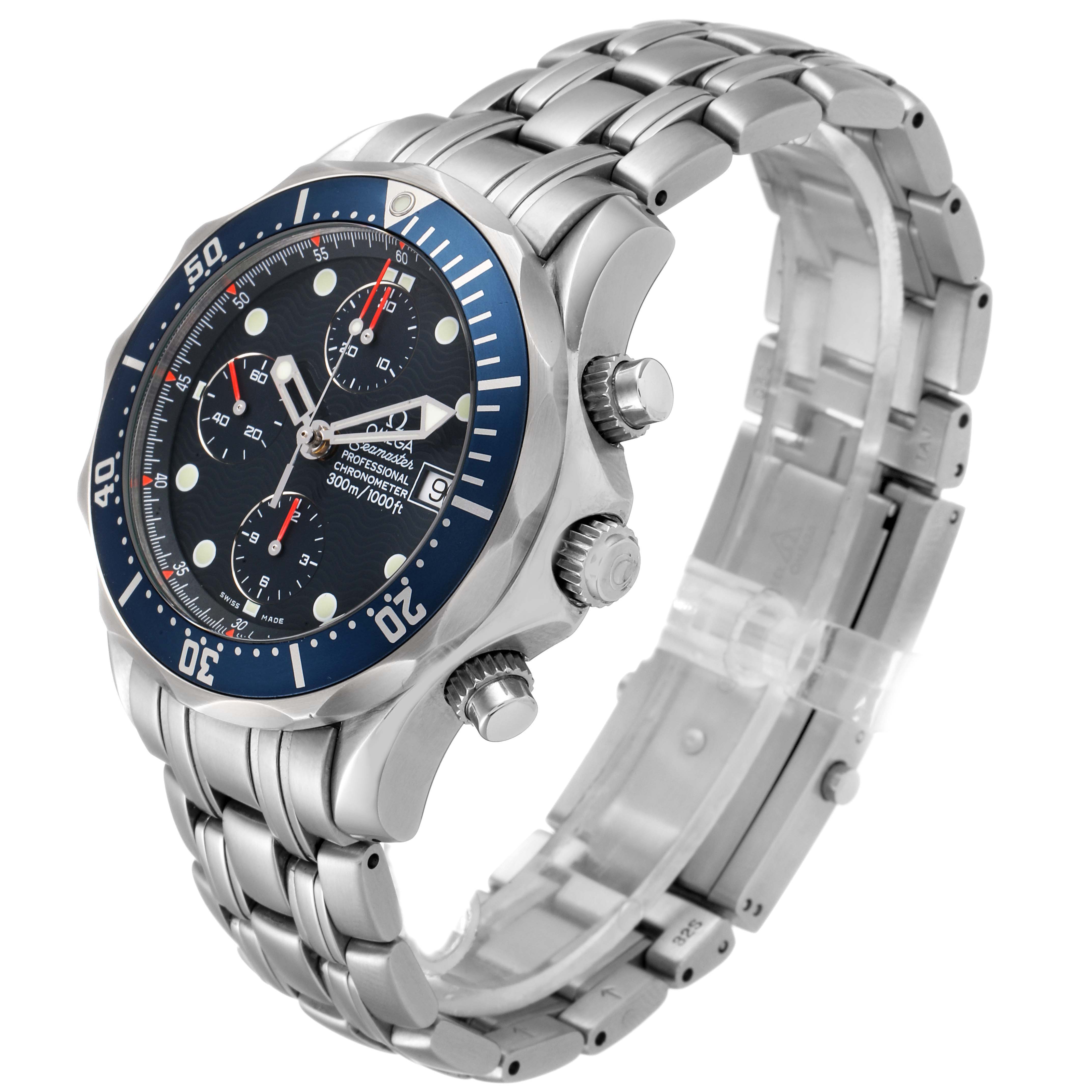 The image shows an Omega Seamaster 2599.80.00 Men
s Stainless Steel Blue Dial 2599.80.00 Men
s Stainless Steel Blue Dial watch at a three-quarter angle, highlighting the face, bezel, crown, pushers, and bracelet.