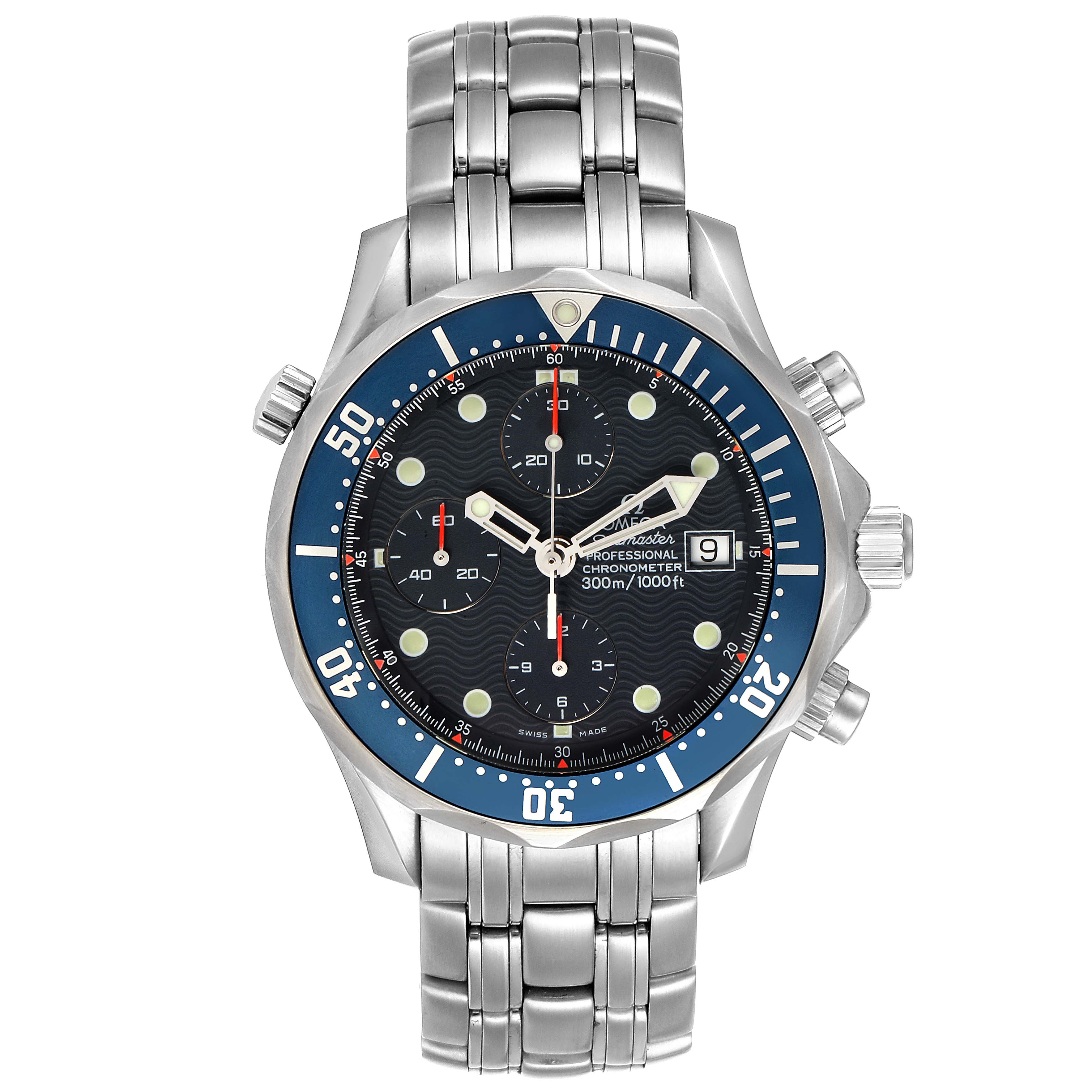 The image shows a front view of the Omega Seamaster 2599.80.00 Men
s Stainless Steel Blue Dial 2599.80.00 Men
s Stainless Steel Blue Dial Professional Chronometer watch, including its dial, bezel, and bracelet.
