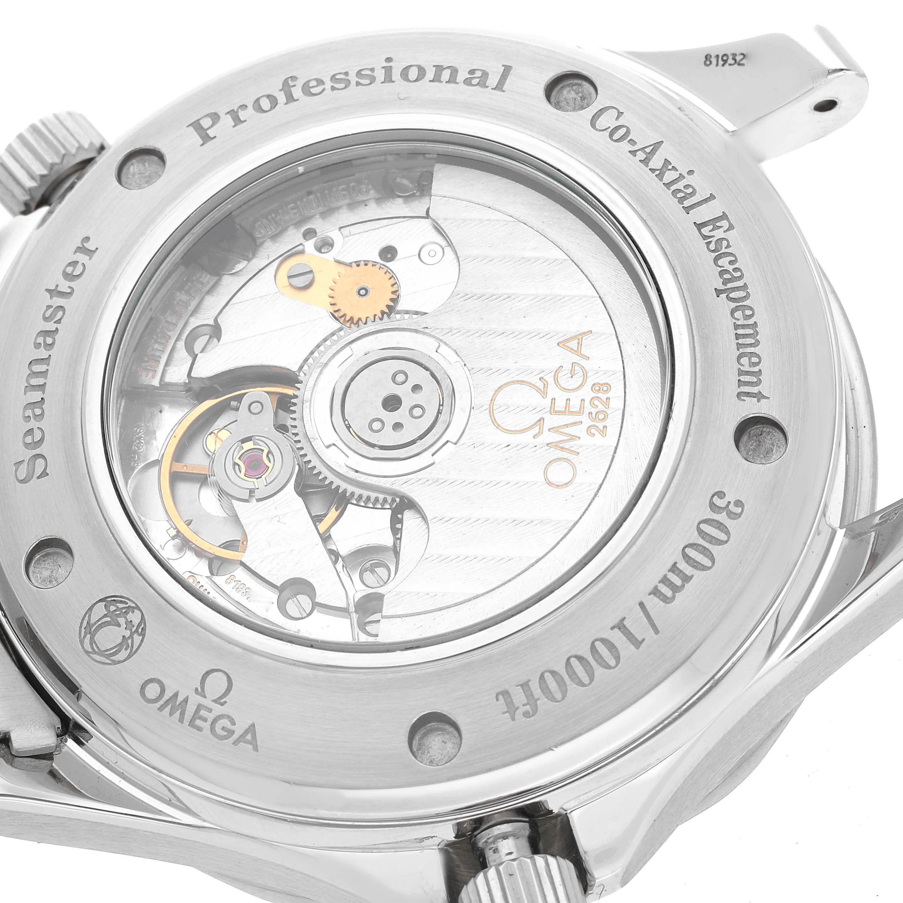 The image shows the back view of an Omega Seamaster 2535.80.00 Men
s Stainless Steel Blue Dial 2535.80.00 Men
s Stainless Steel Blue Dial Professional watch, showcasing its Co-Axial Escapement movement.