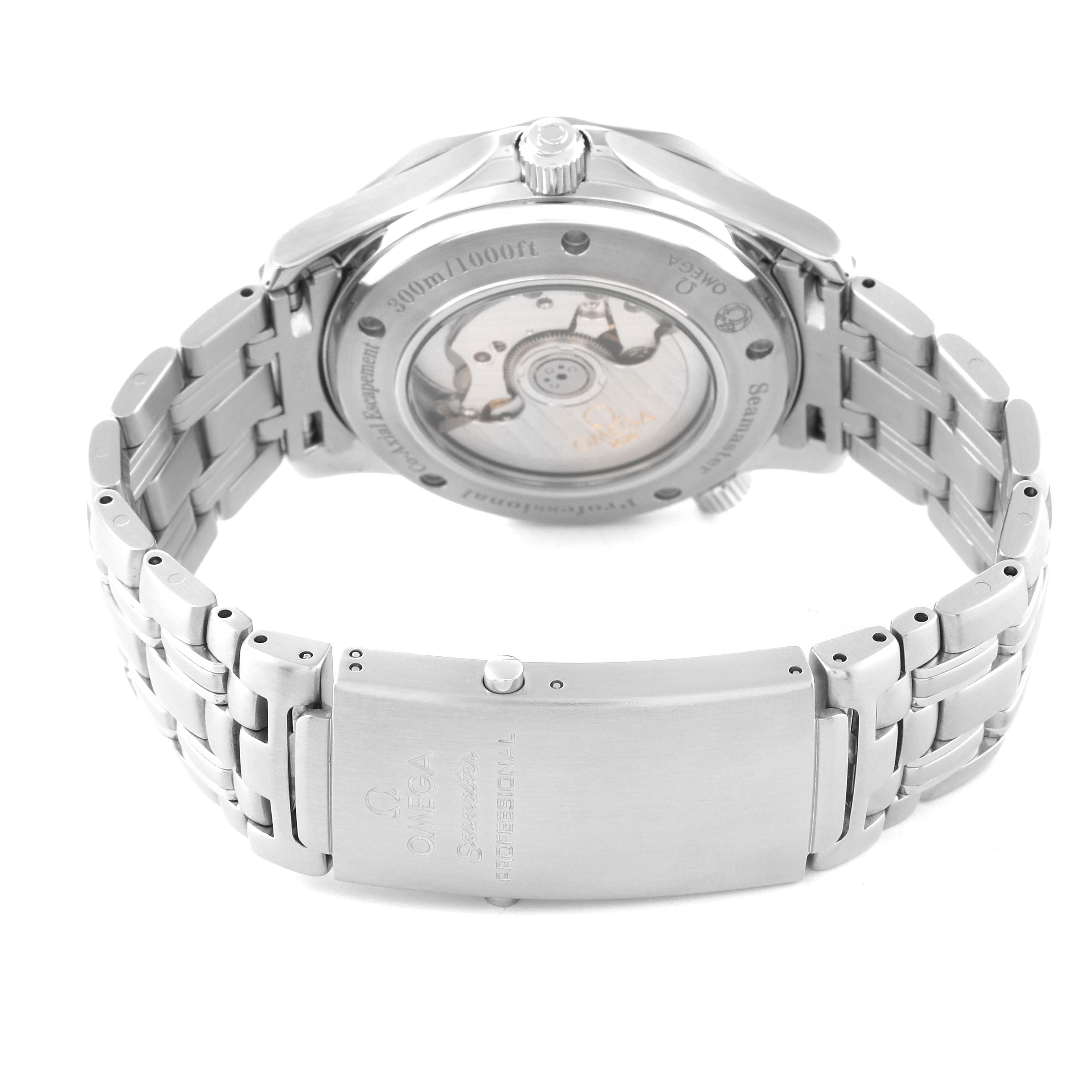 The image shows the back of the Omega Seamaster 2535.80.00 Men
s Stainless Steel Blue Dial 2535.80.00 Men
s Stainless Steel Blue Dial watch, highlighting the clasp, bracelet, and exhibition case back.