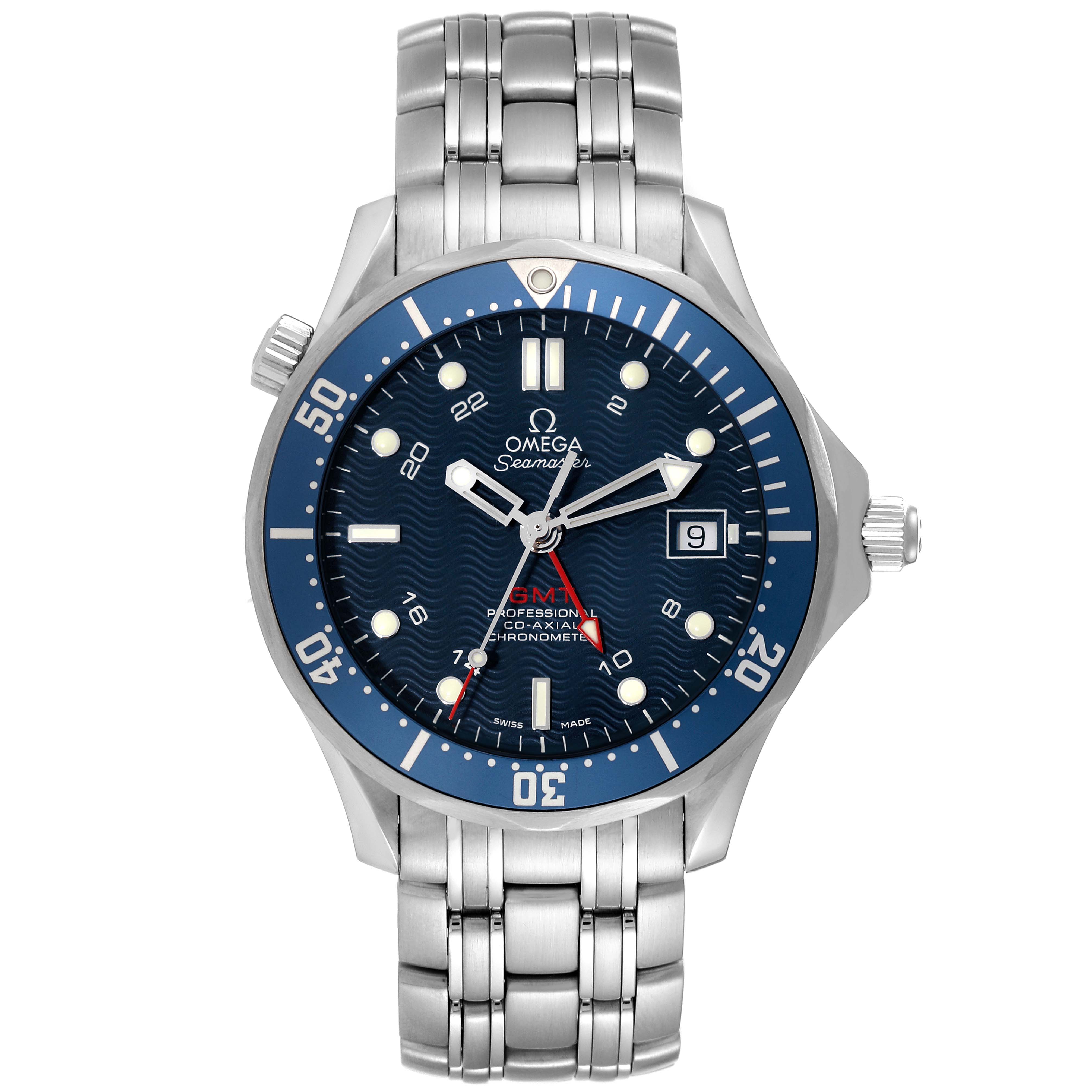 The Omega Seamaster 2535.80.00 Men
s Stainless Steel Blue Dial 2535.80.00 Men
s Stainless Steel Blue Dial watch is shown from a front angle, displaying its blue dial, silver bracelet, and bezel.