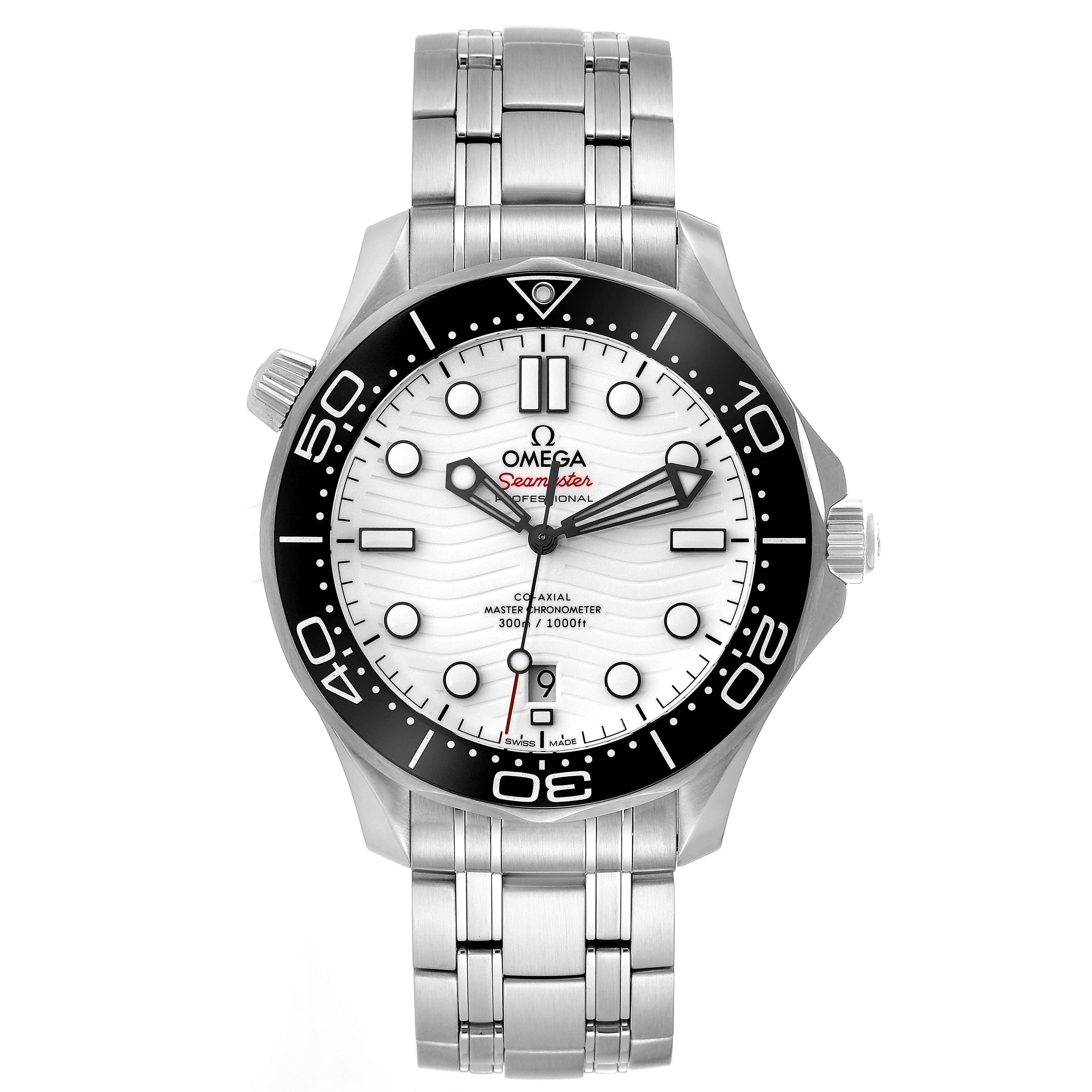 The image shows a front view of an Omega Seamaster 210.30.42.20.04.001 Men
s Stainless Steel White Dial 210.30.42.20.04.001 Men
s Stainless Steel White Dial watch, displaying its dial, bezel, and bracelet.