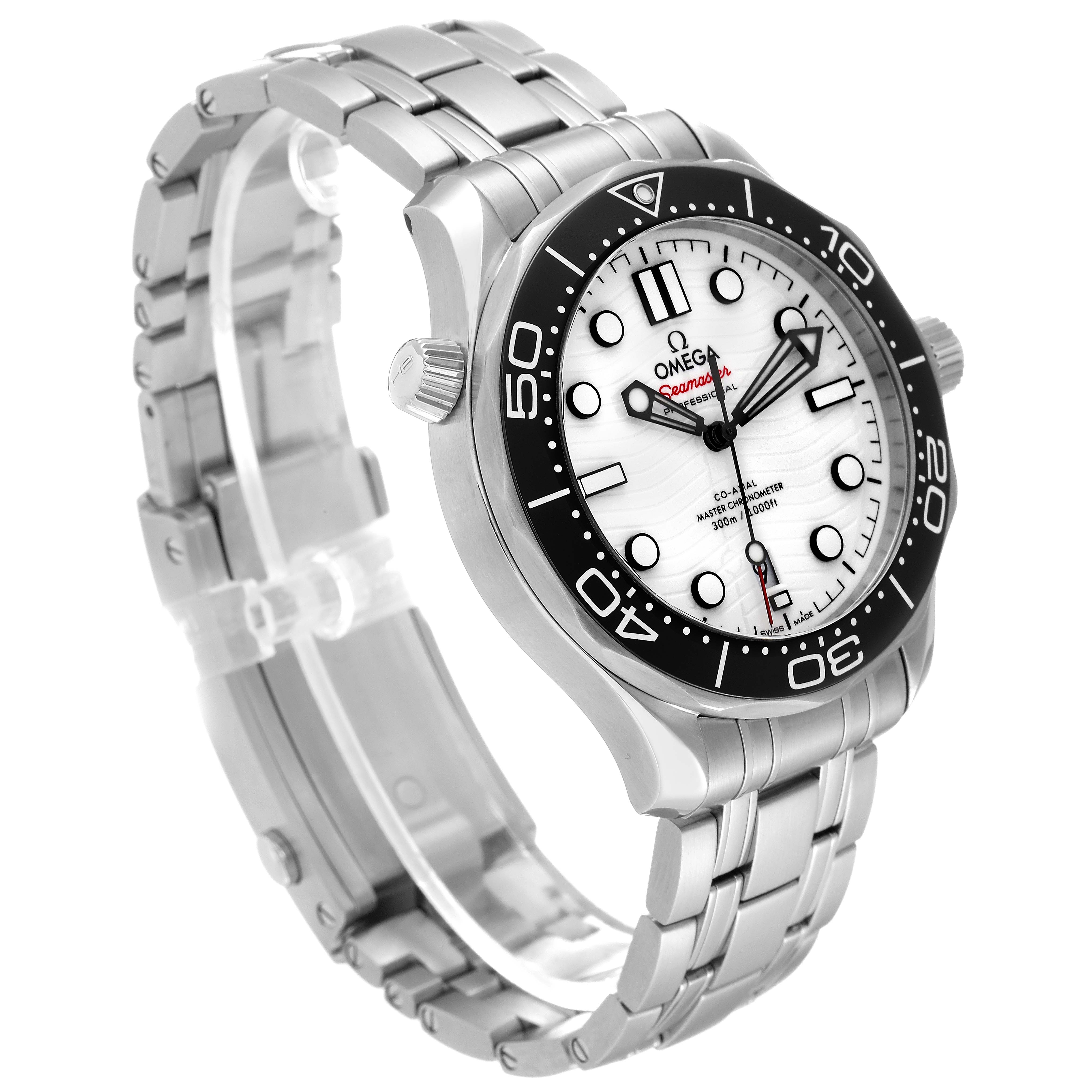 The Omega Seamaster 210.30.42.20.04.001 Men
s Stainless Steel White Dial 210.30.42.20.04.001 Men
s Stainless Steel White Dial watch is shown at a three-quarter angle displaying the dial, bezel, crown, and bracelet.