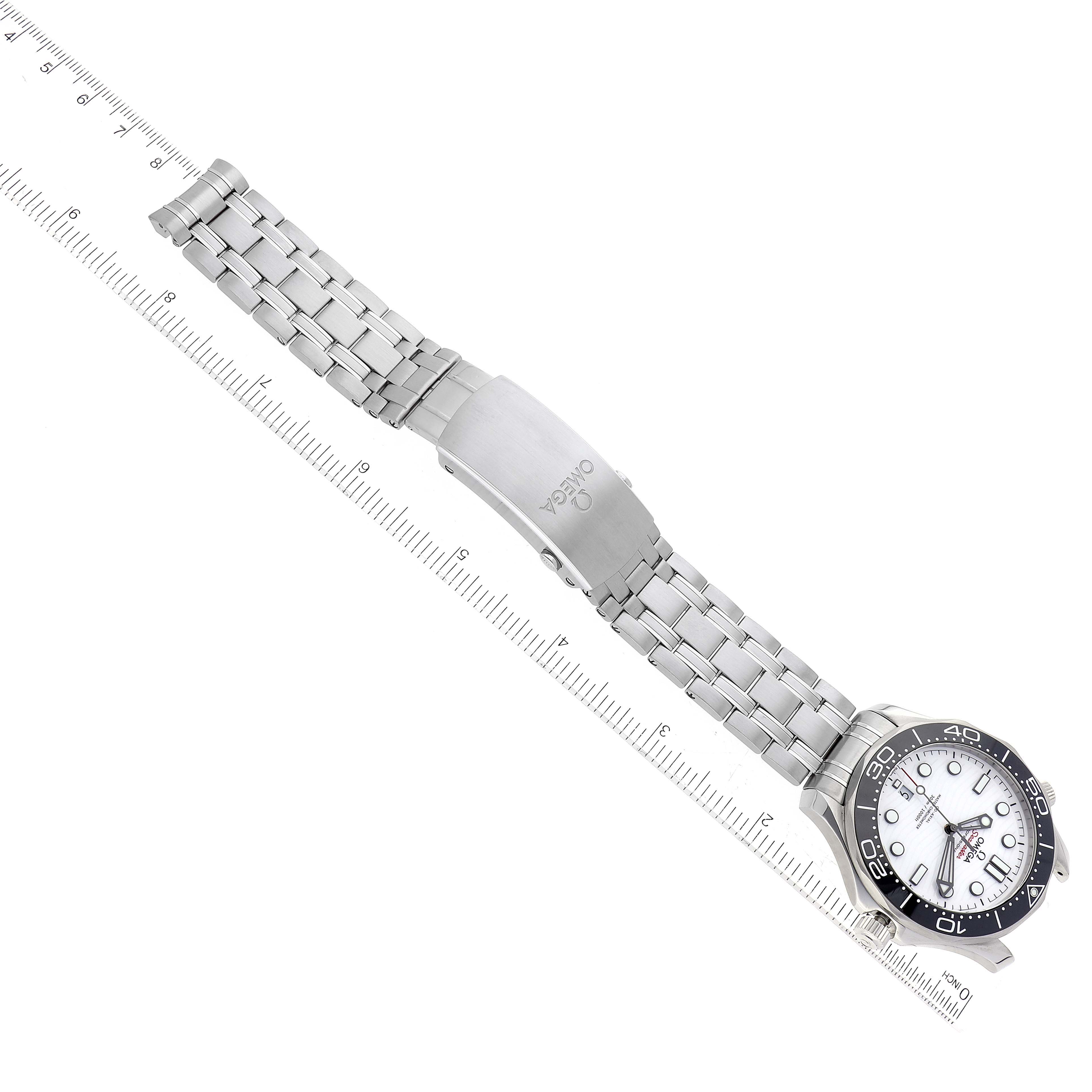 The Omega Seamaster 210.30.42.20.04.001 Men
s Stainless Steel White Dial 210.30.42.20.04.001 Men
s Stainless Steel White Dial watch is displayed from a top-down angle, showcasing the face, bezel, and metal bracelet with the clasp visible.