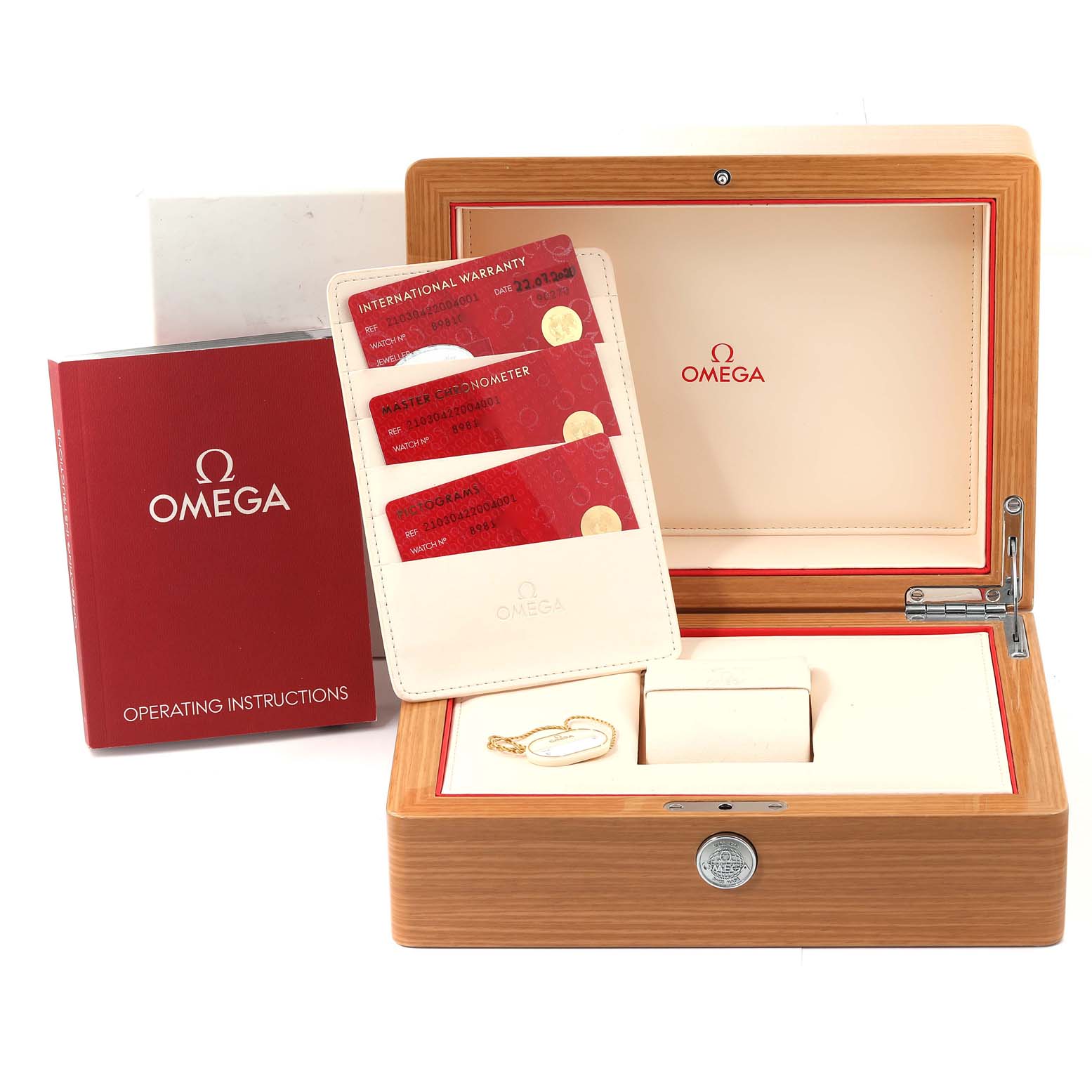 The image shows the packaging and accessories of an Omega Seamaster 210.30.42.20.04.001 Men
s Stainless Steel White Dial 210.30.42.20.04.001 Men
s Stainless Steel White Dial, including the box, warranty cards, and operating instructions.