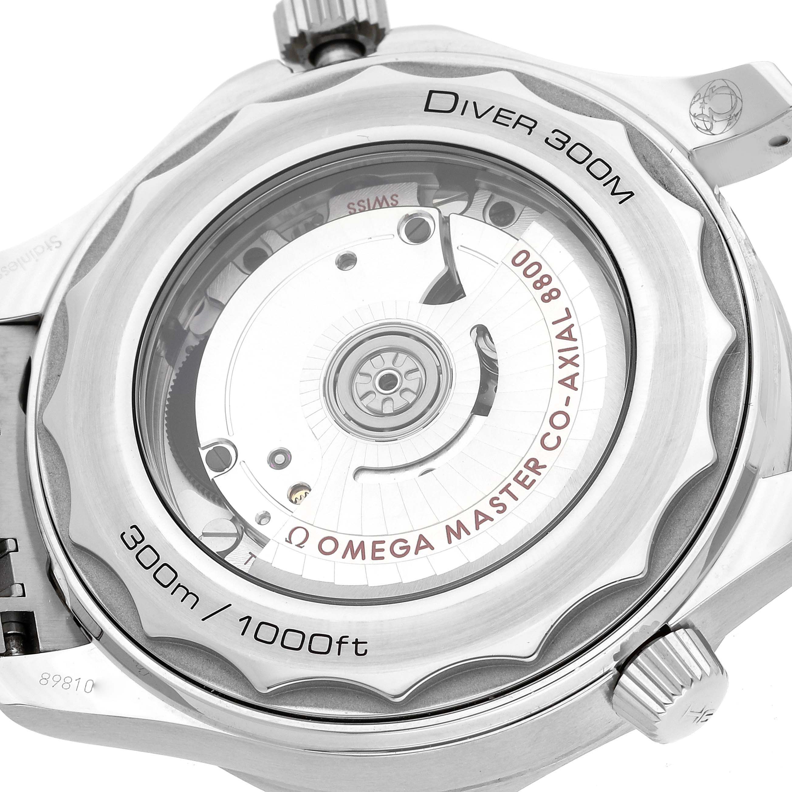 The image shows the case back of the Omega Seamaster 210.30.42.20.04.001 Men
s Stainless Steel White Dial 210.30.42.20.04.001 Men
s Stainless Steel White Dial Diver 300M, highlighting the movement mechanism inside.