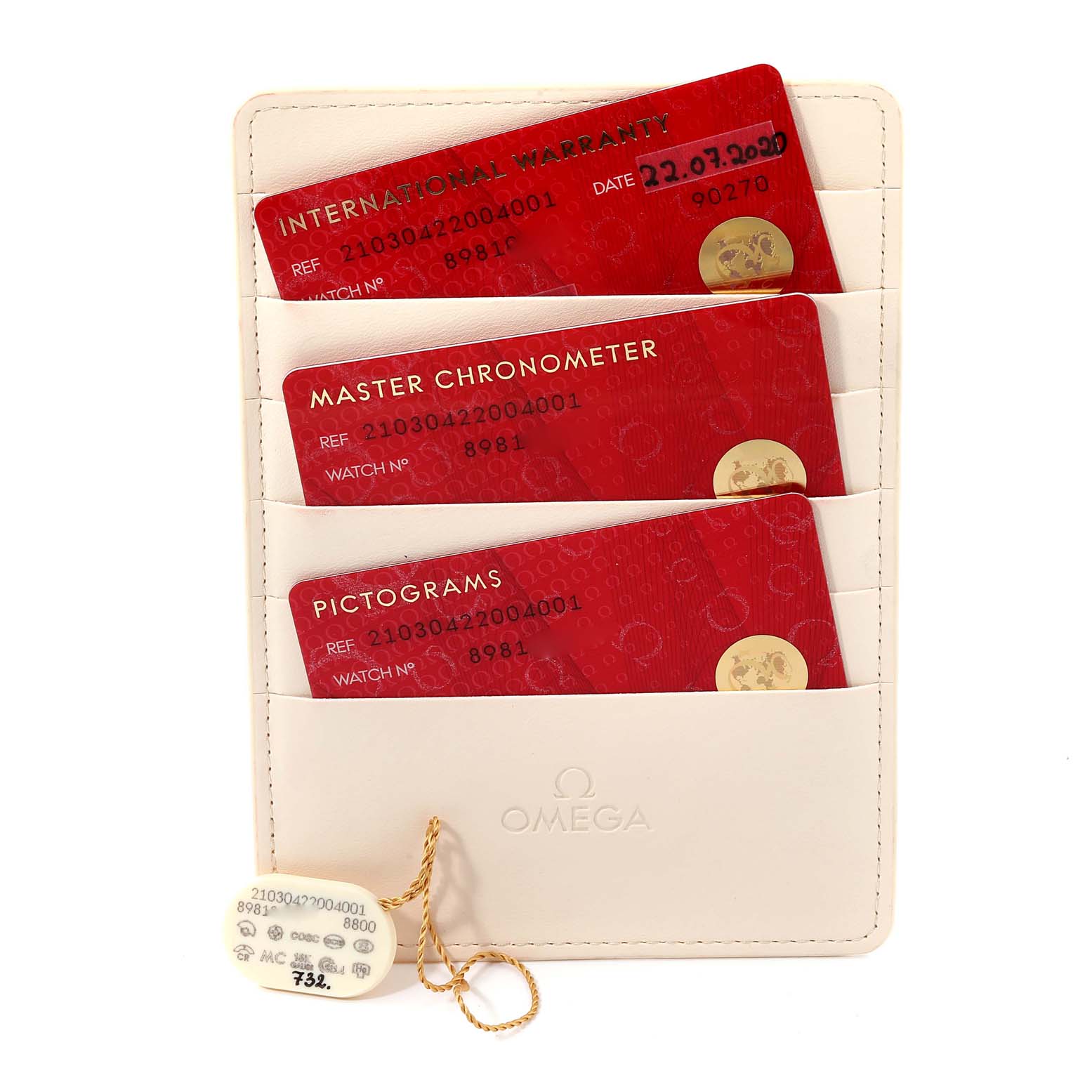 The image shows warranty cards and tags for an Omega Seamaster 210.30.42.20.04.001 Men
s Stainless Steel White Dial 210.30.42.20.04.001 Men
s Stainless Steel White Dial model watch, displayed in a card holder.