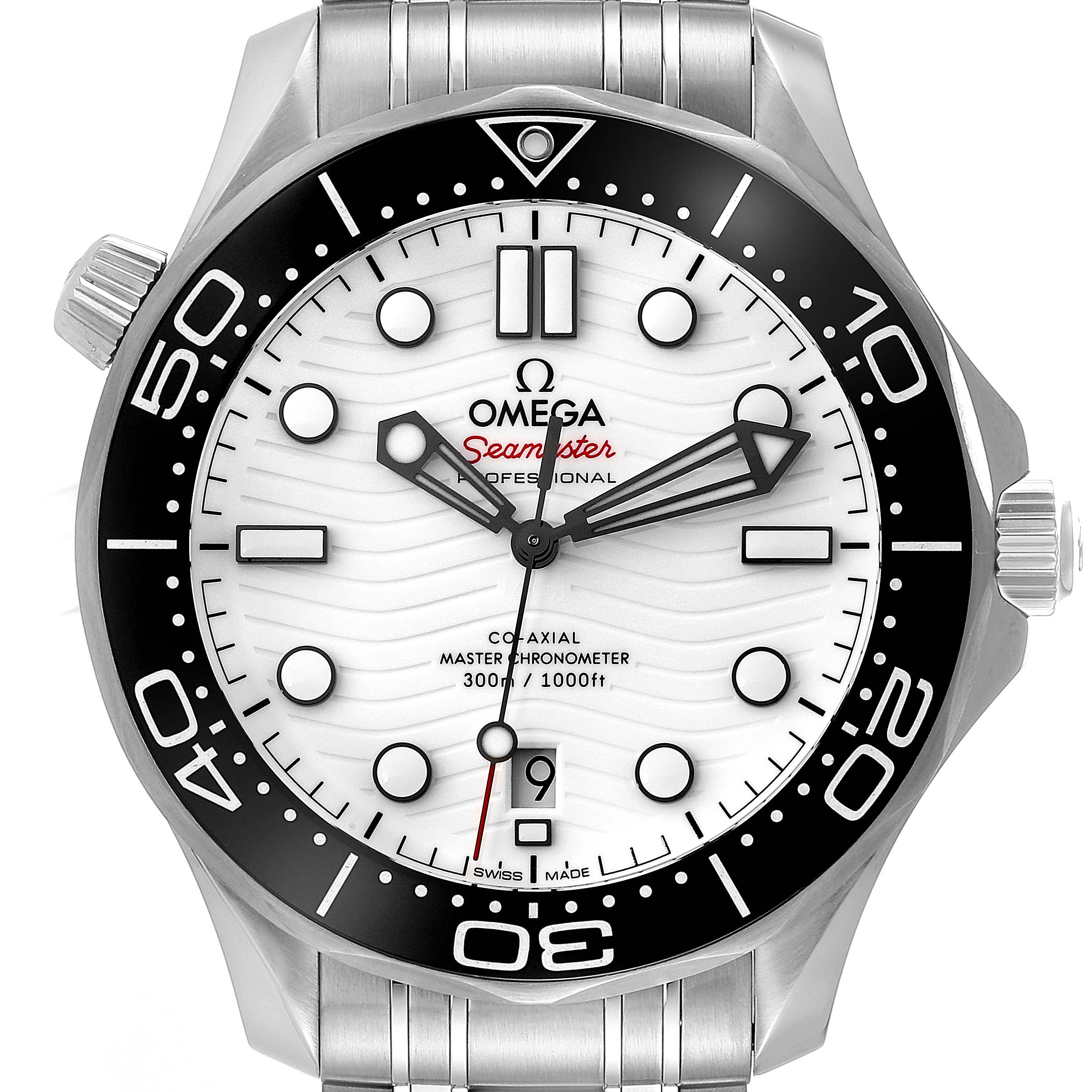 The image shows a frontal view of the Omega Seamaster 210.30.42.20.04.001 Men
s Stainless Steel White Dial 210.30.42.20.04.001 Men
s Stainless Steel White Dial watch face, featuring its bezel, dial, hands, and crown.