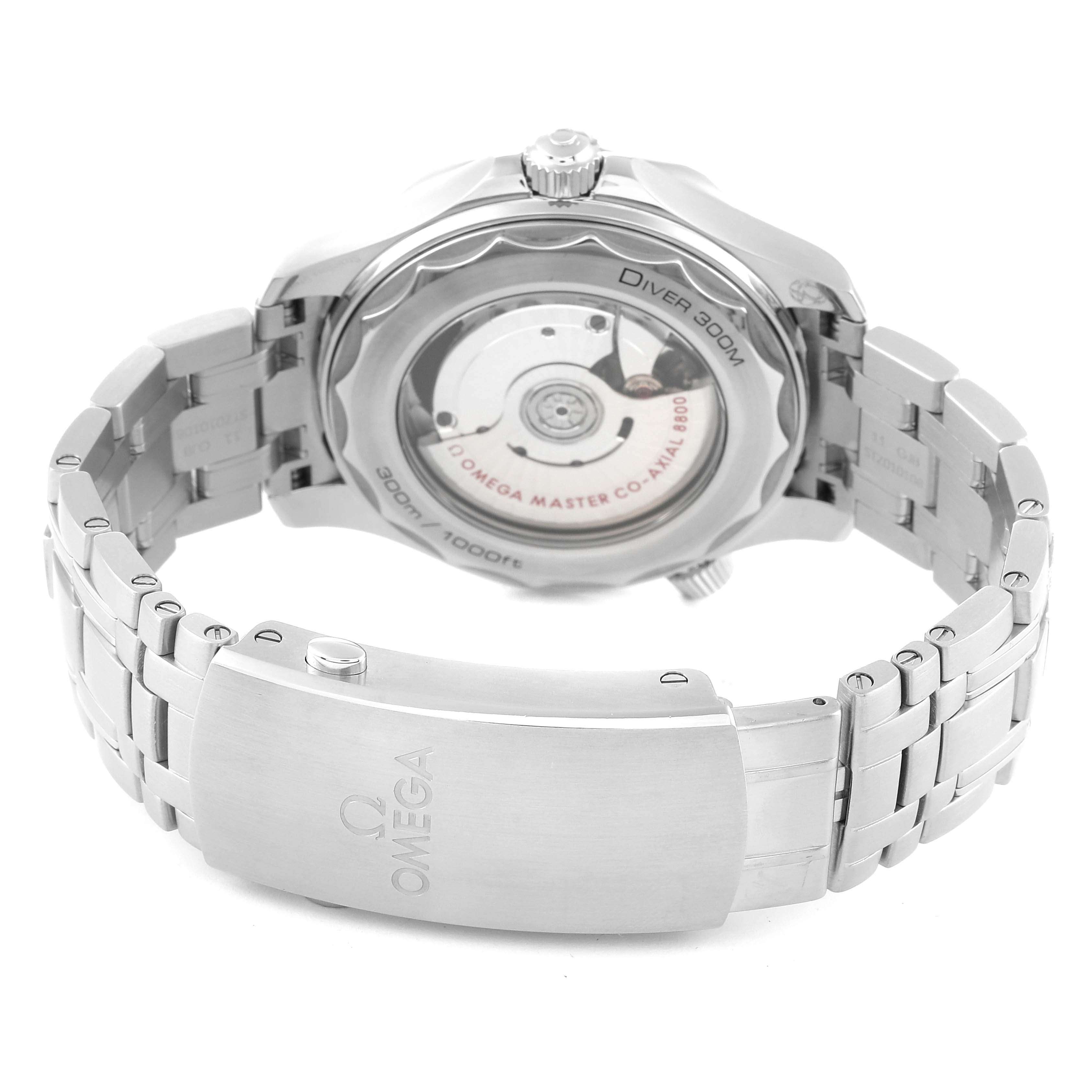 The image shows the back view of an Omega Seamaster 210.30.42.20.04.001 Men
s Stainless Steel White Dial 210.30.42.20.04.001 Men
s Stainless Steel White Dial watch, focusing on the clasp, bracelet, and exhibition case back.