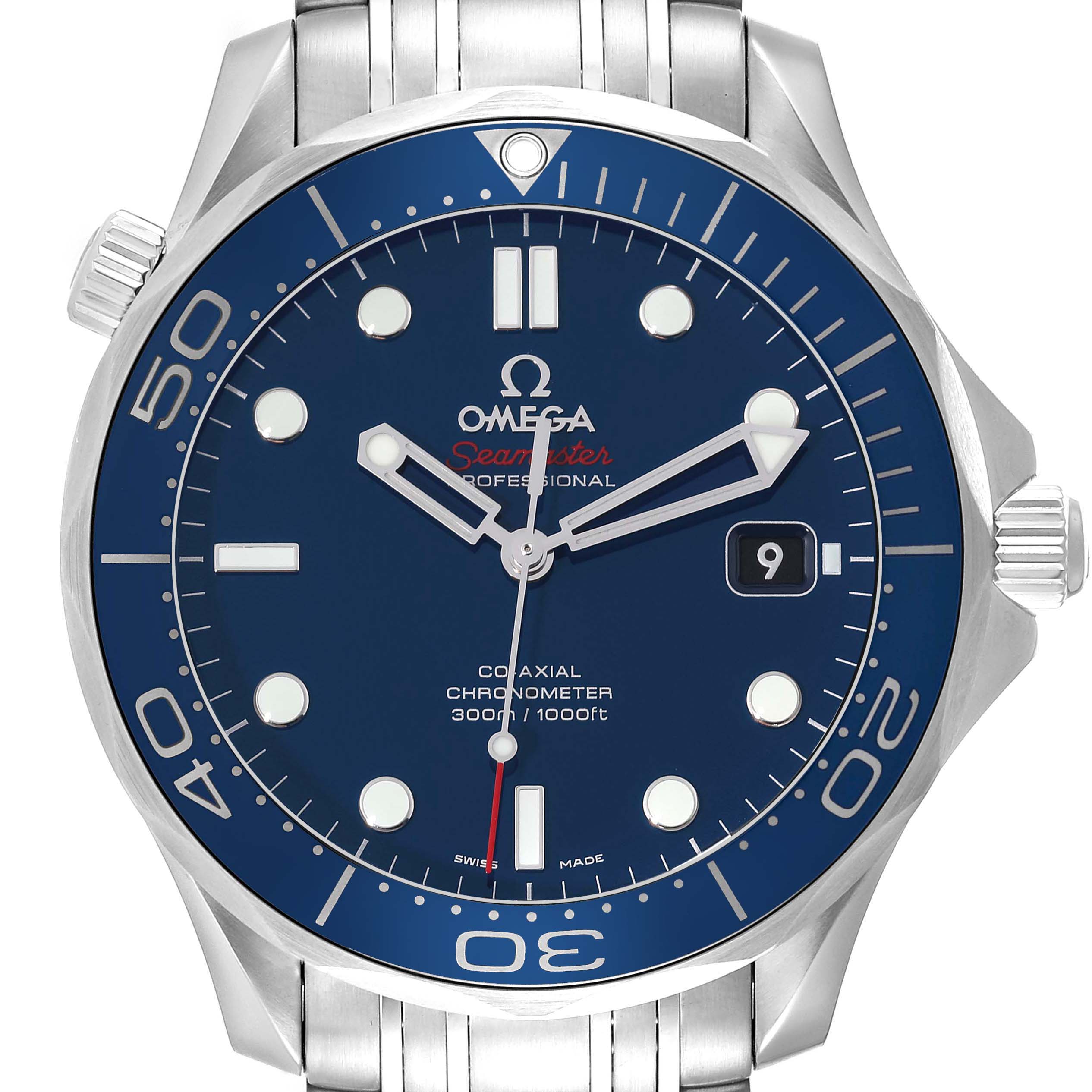 The image shows a front view of the Omega Seamaster 212.30.41.20.03.001 Men
s Stainless Steel Blue Dial 212.30.41.20.03.001 Men
s Stainless Steel Blue Dial watch, displaying its dial, bezel, hands, crown, and bracelet.