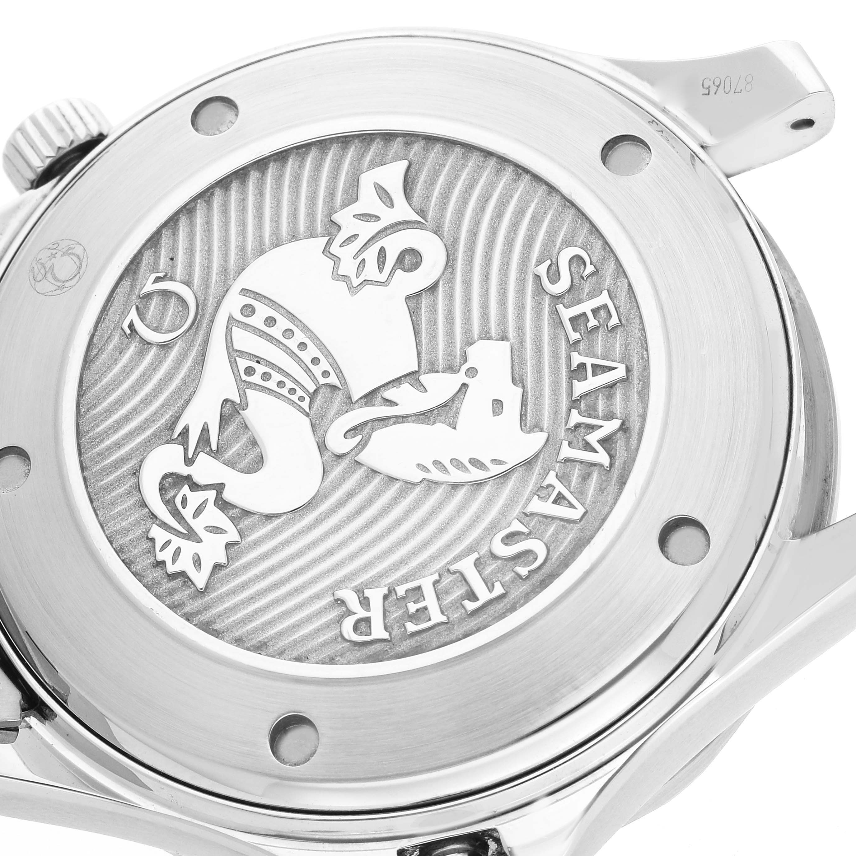 This image shows the back case of the Omega Seamaster 212.30.41.20.03.001 Men
s Stainless Steel Blue Dial 212.30.41.20.03.001 Men
s Stainless Steel Blue Dial watch, featuring an engraved design and the model name.