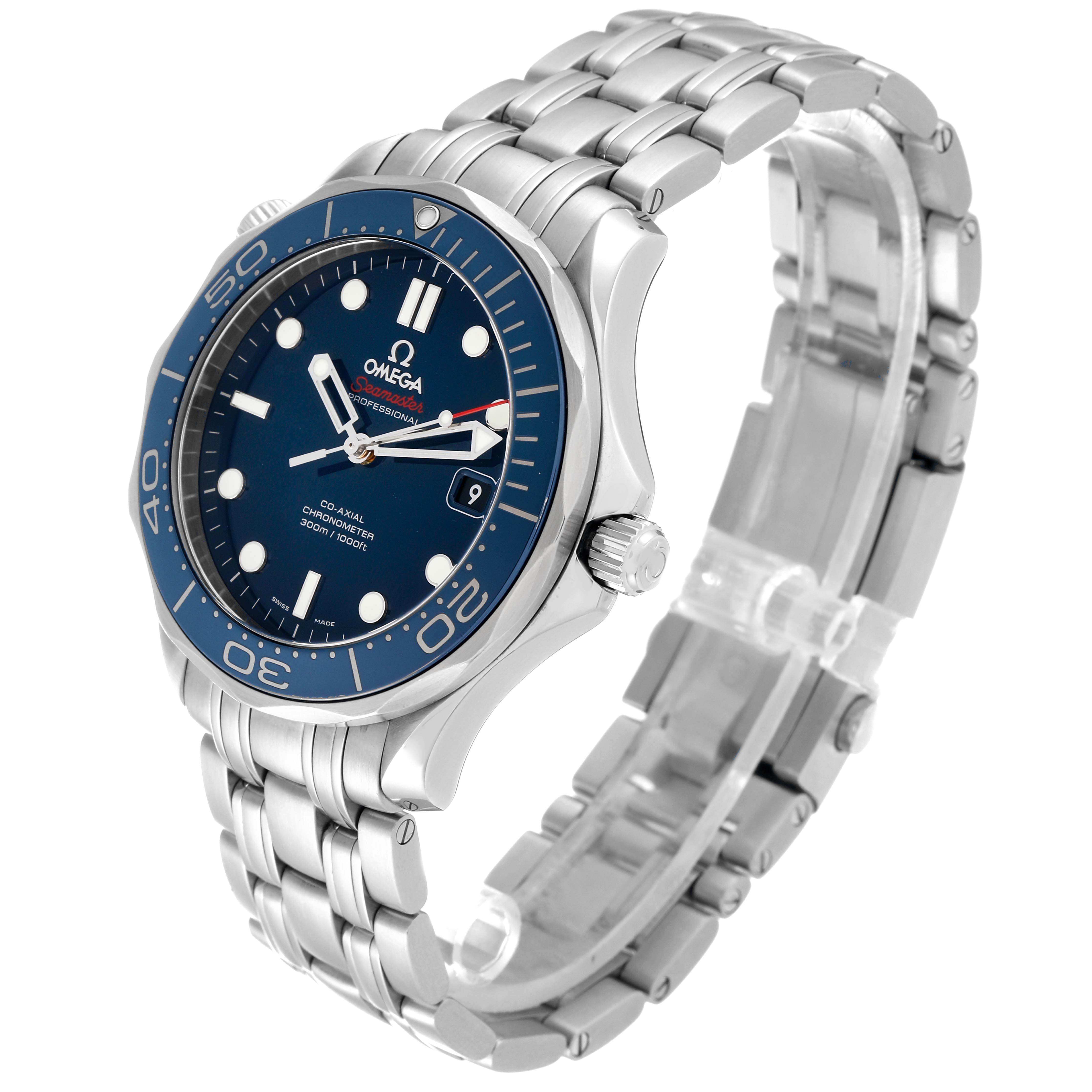 The image shows an angled view of an Omega Seamaster 212.30.41.20.03.001 Men
s Stainless Steel Blue Dial 212.30.41.20.03.001 Men
s Stainless Steel Blue Dial watch, highlighting its face, bezel, crown, and stainless steel bracelet.