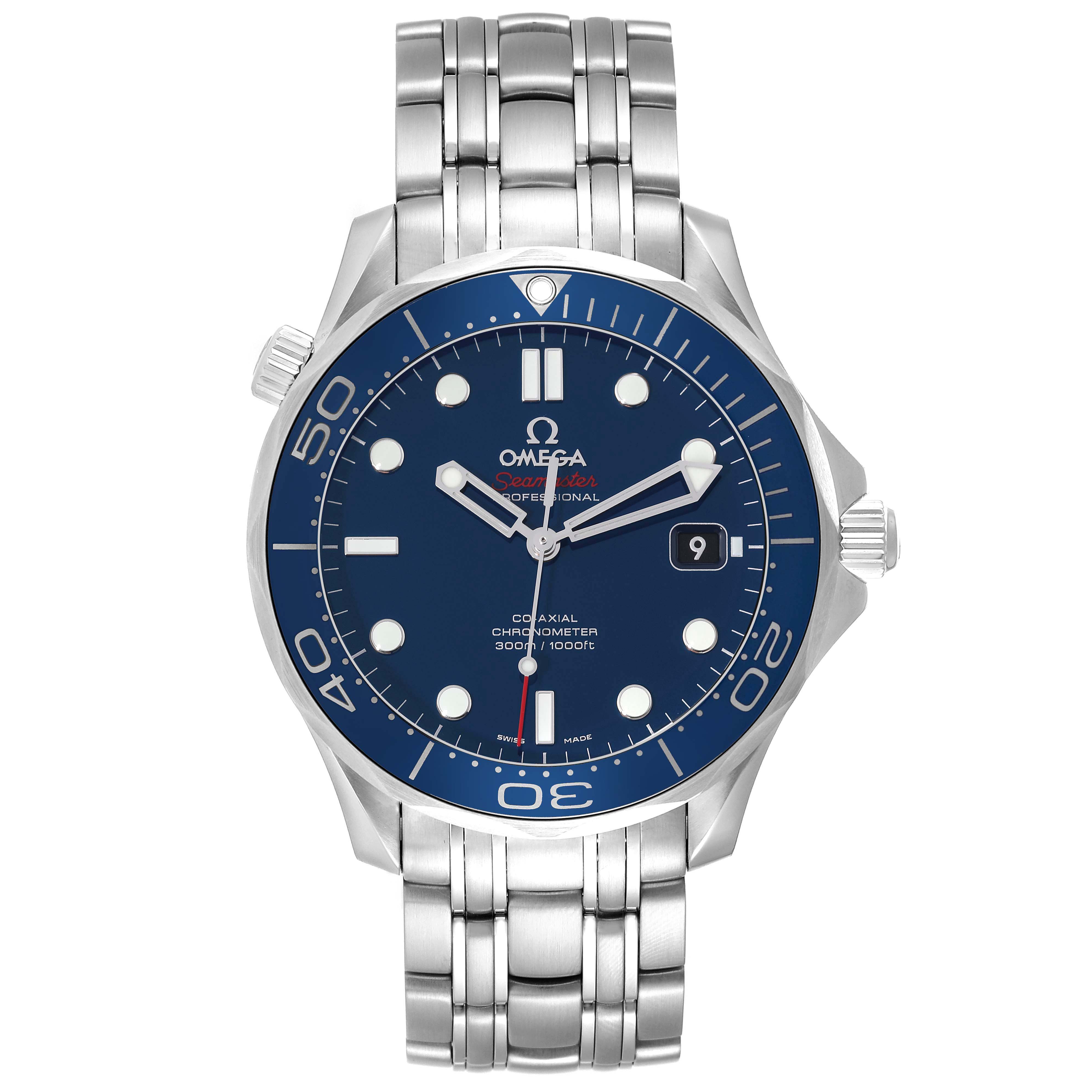 The image shows a frontal view of the Omega Seamaster 212.30.41.20.03.001 Men
s Stainless Steel Blue Dial 212.30.41.20.03.001 Men
s Stainless Steel Blue Dial Professional watch, highlighting the dial, bezel, and metal bracelet.