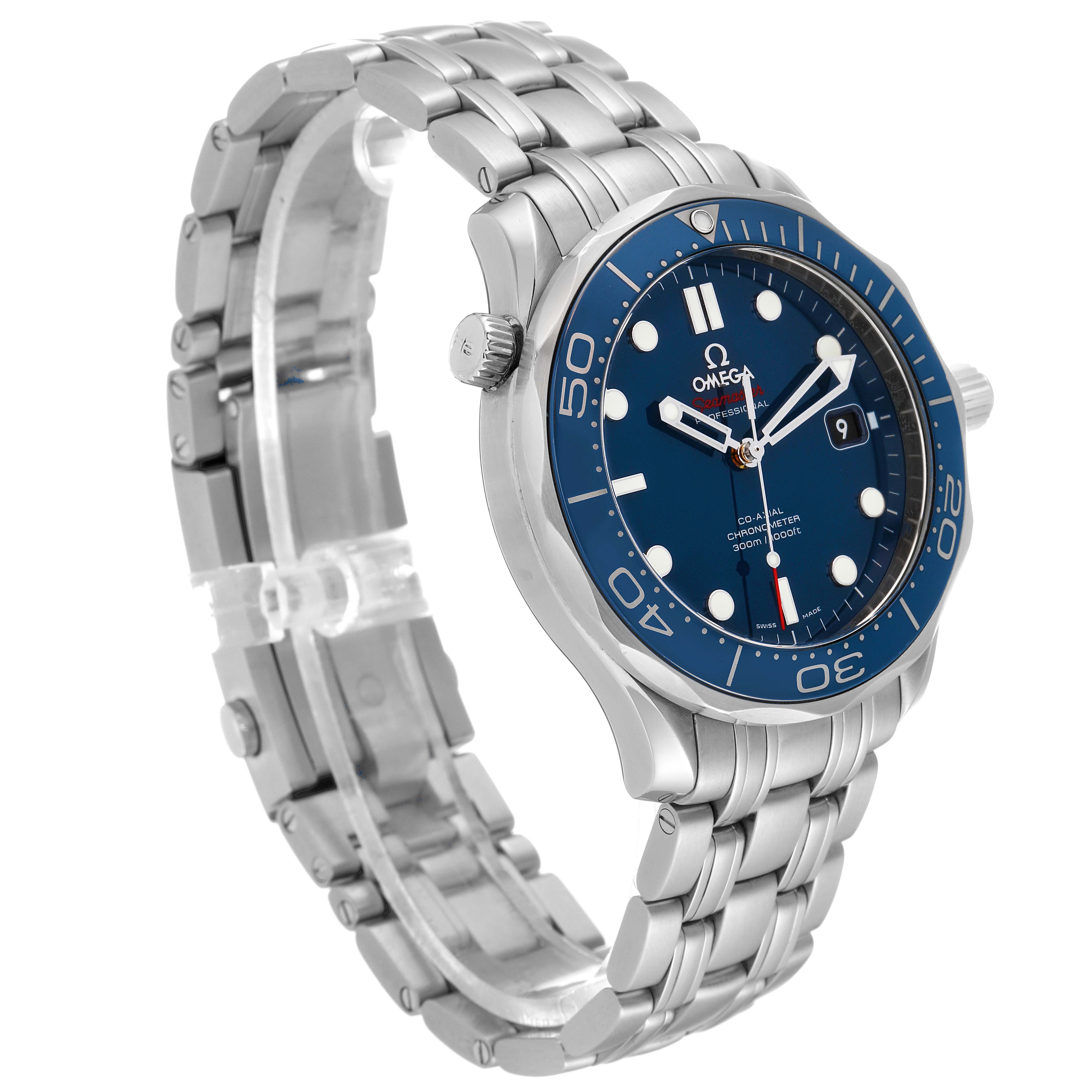 The image shows an Omega Seamaster 212.30.41.20.03.001 Men
s Stainless Steel Blue Dial 212.30.41.20.03.001 Men
s Stainless Steel Blue Dial watch at a three-quarter angle, highlighting the bracelet, bezel, and face.