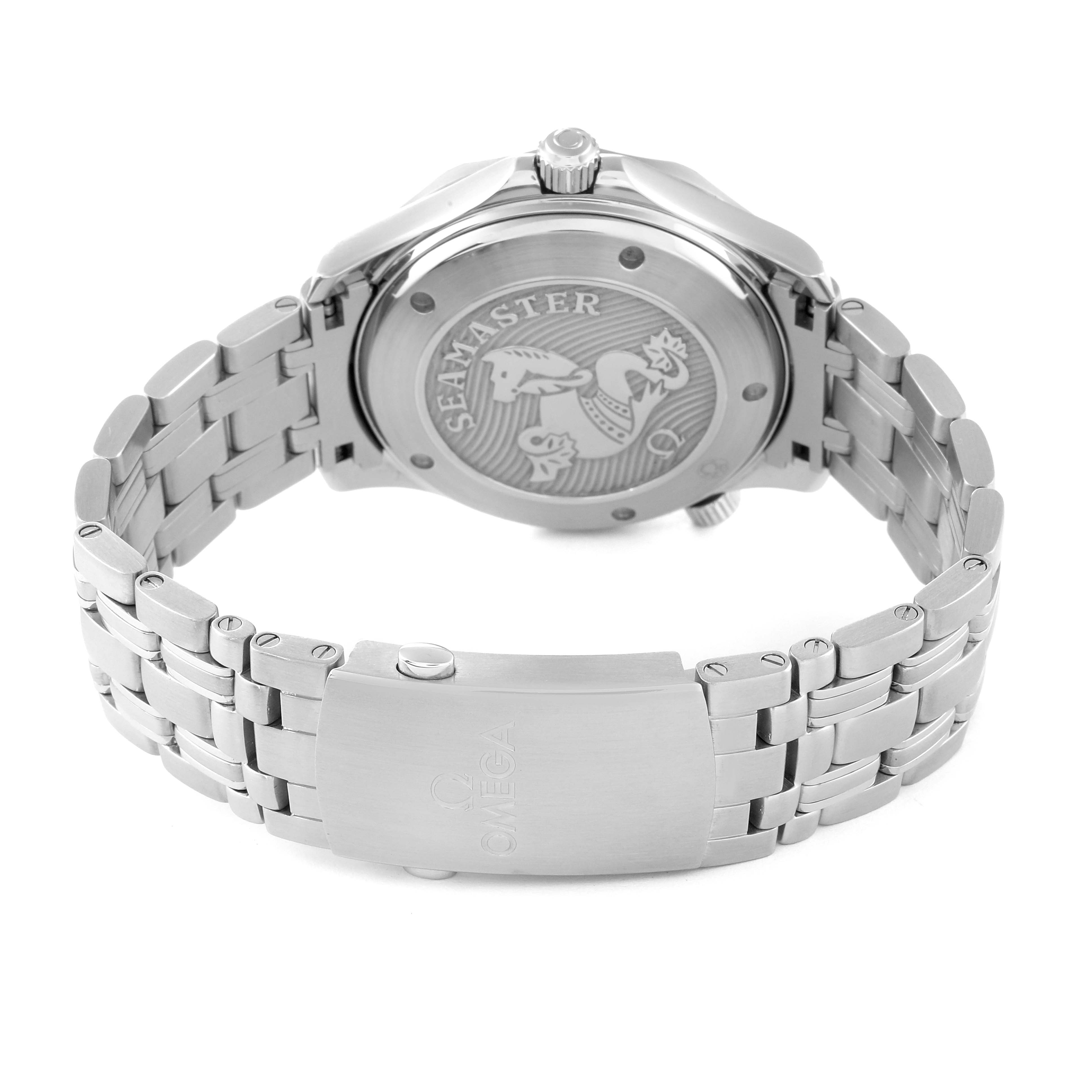 The image shows the Omega Seamaster 212.30.41.20.03.001 Men
s Stainless Steel Blue Dial 212.30.41.20.03.001 Men
s Stainless Steel Blue Dial watch from the back, highlighting the case back and stainless steel bracelet.