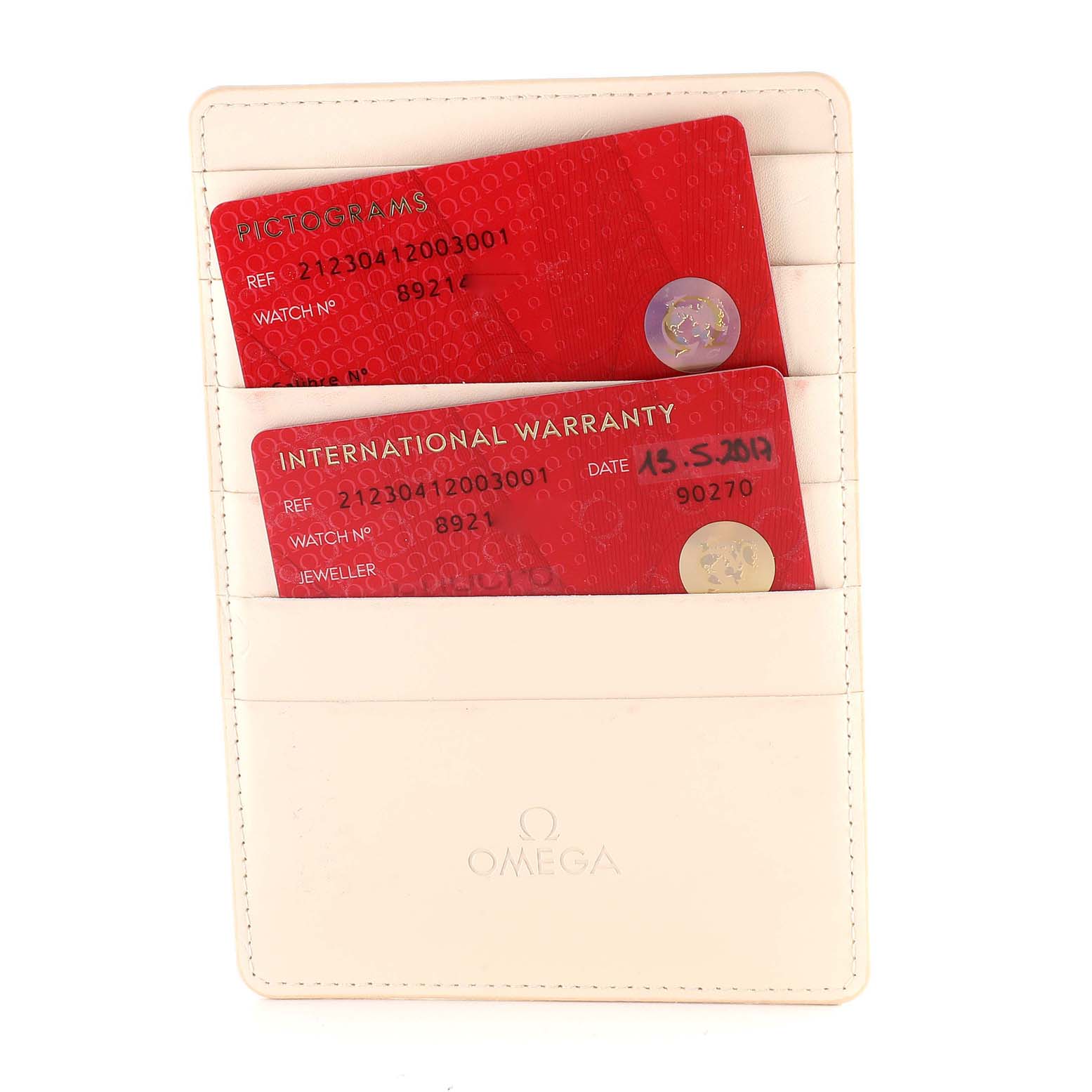 This image shows an Omega cardholder with Pictogram and International Warranty cards for the Seamaster model.