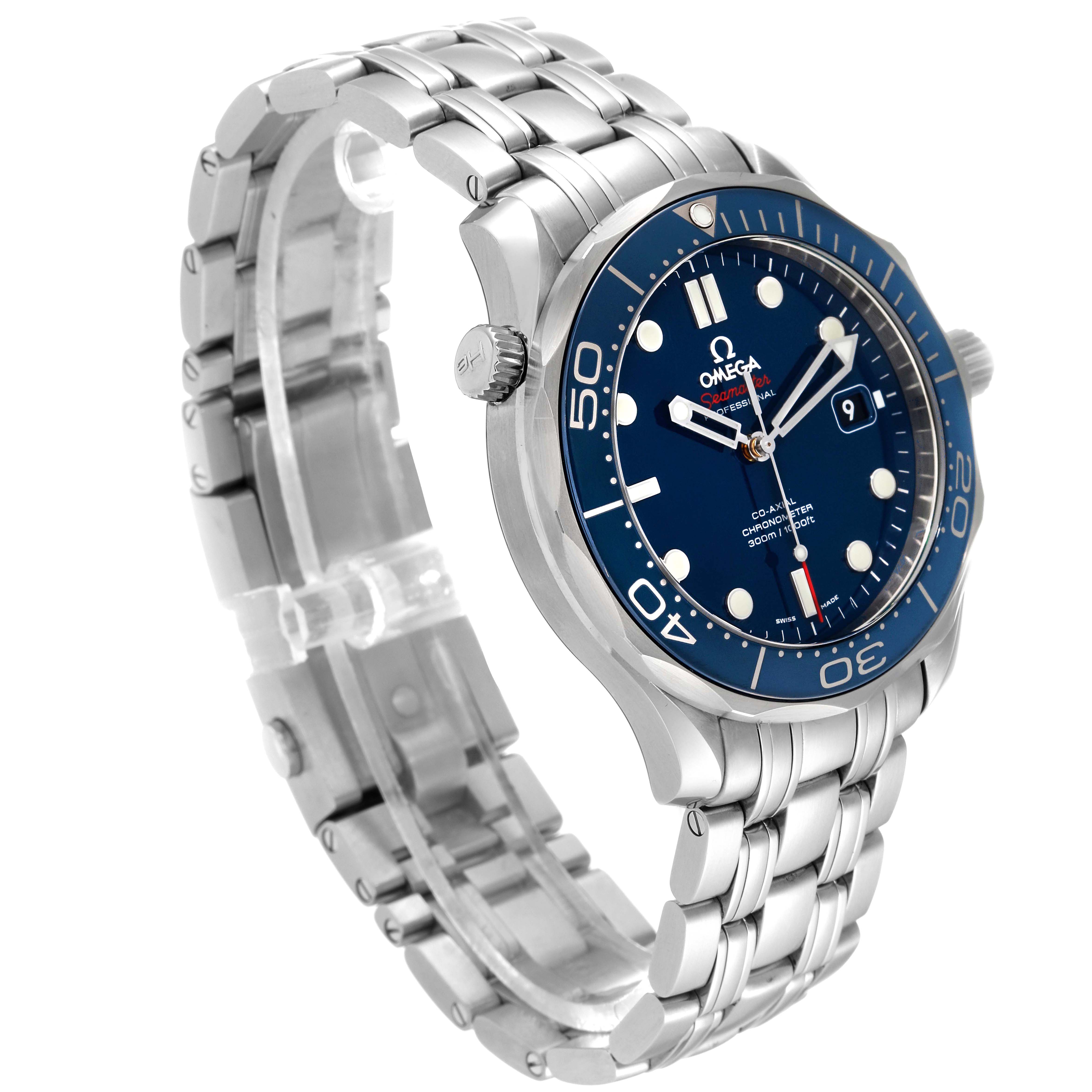 The image shows an angled view of an Omega Seamaster 212.30.41.20.03.001 Men
s Stainless Steel Blue Dial 212.30.41.20.03.001 Men
s Stainless Steel Blue Dial watch, displaying the face, bezel, crown, and part of the stainless steel bracelet.