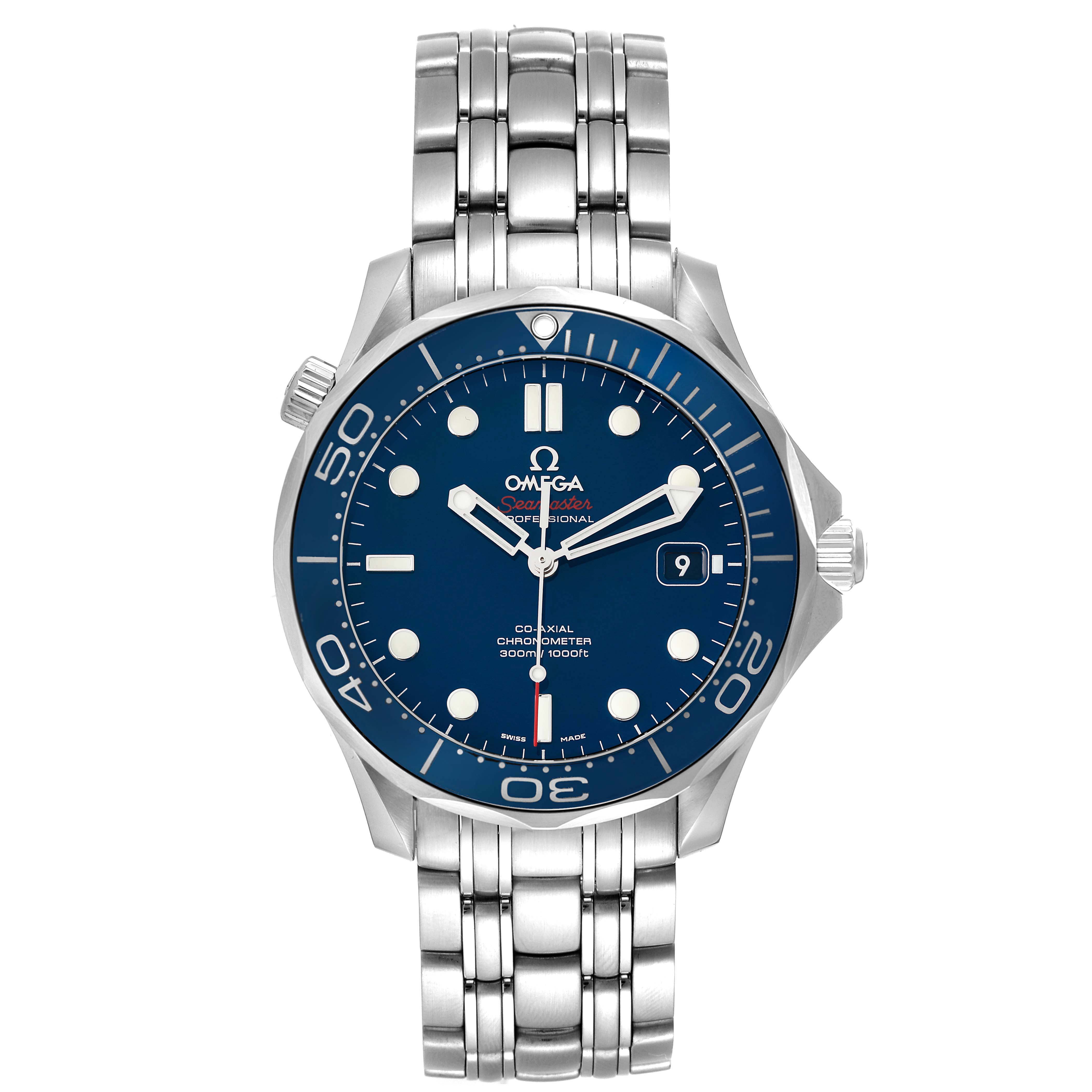 The image shows a front view of an Omega Seamaster 212.30.41.20.03.001 Men
s Stainless Steel Blue Dial 212.30.41.20.03.001 Men
s Stainless Steel Blue Dial watch, displaying the dial, bezel, crown, and stainless steel bracelet.