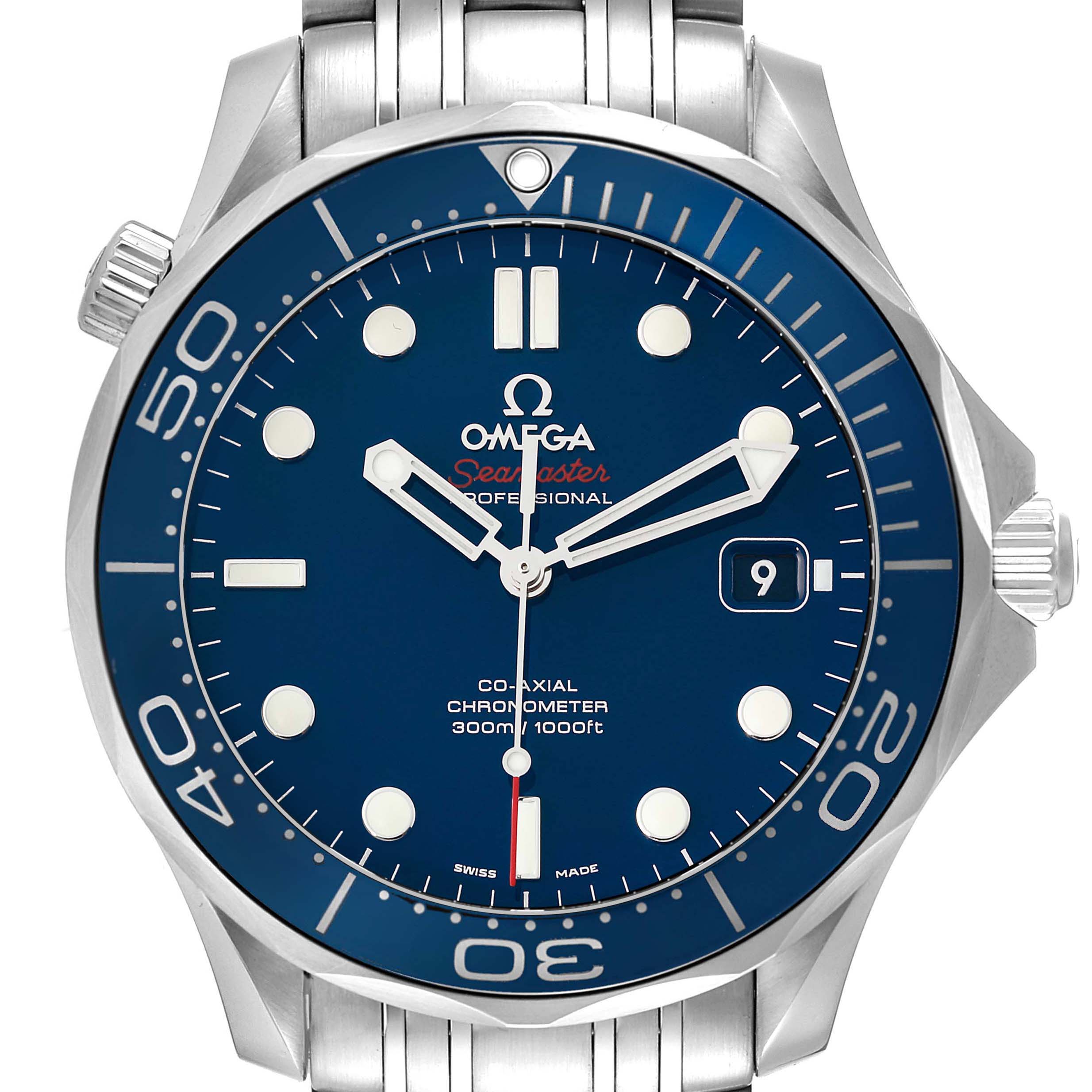 The image shows a frontal view of an Omega Seamaster 212.30.41.20.03.001 Men
s Stainless Steel Blue Dial 212.30.41.20.03.001 Men
s Stainless Steel Blue Dial with a blue dial, silver markers, and a stainless steel bracelet.