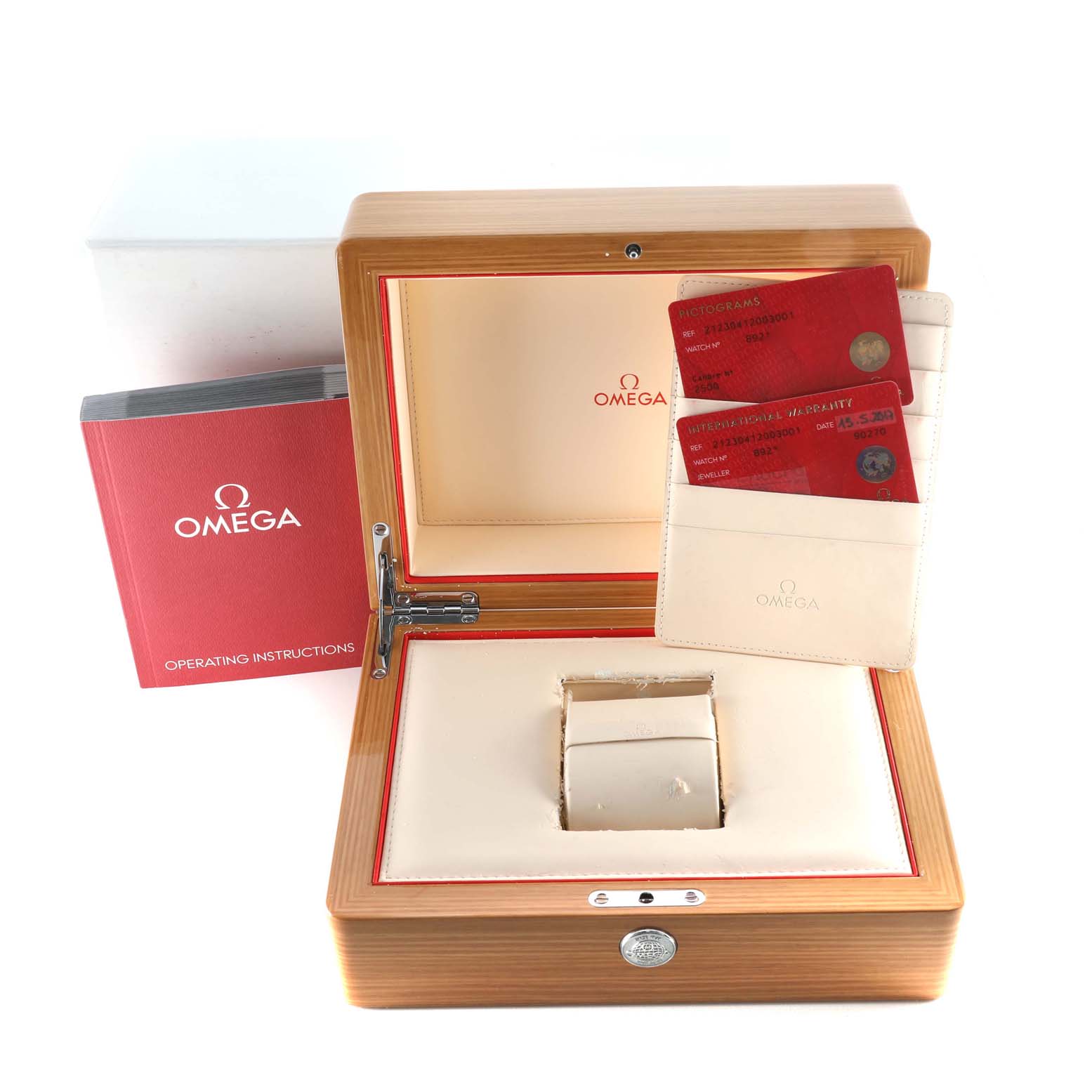 The wooden box of the Omega Seamaster 212.30.41.20.03.001 Men
s Stainless Steel Blue Dial 212.30.41.20.03.001 Men
s Stainless Steel Blue Dial watch is open, showing the interior, a cardholder with cards, and an instruction manual.