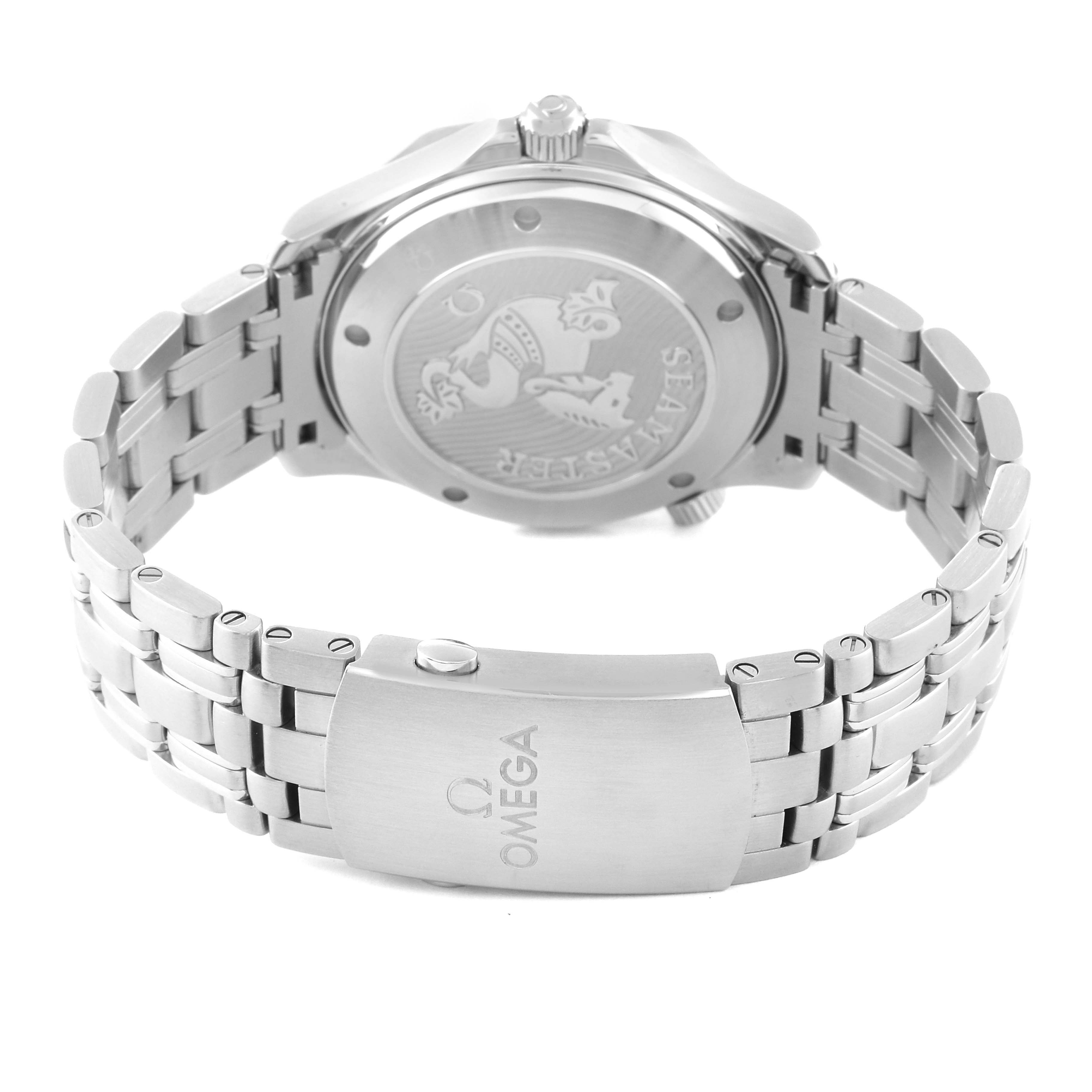 The image shows the back and bracelet of an Omega Seamaster 212.30.41.20.03.001 Men
s Stainless Steel Blue Dial 212.30.41.20.03.001 Men
s Stainless Steel Blue Dial watch, highlighting the clasp and case back.