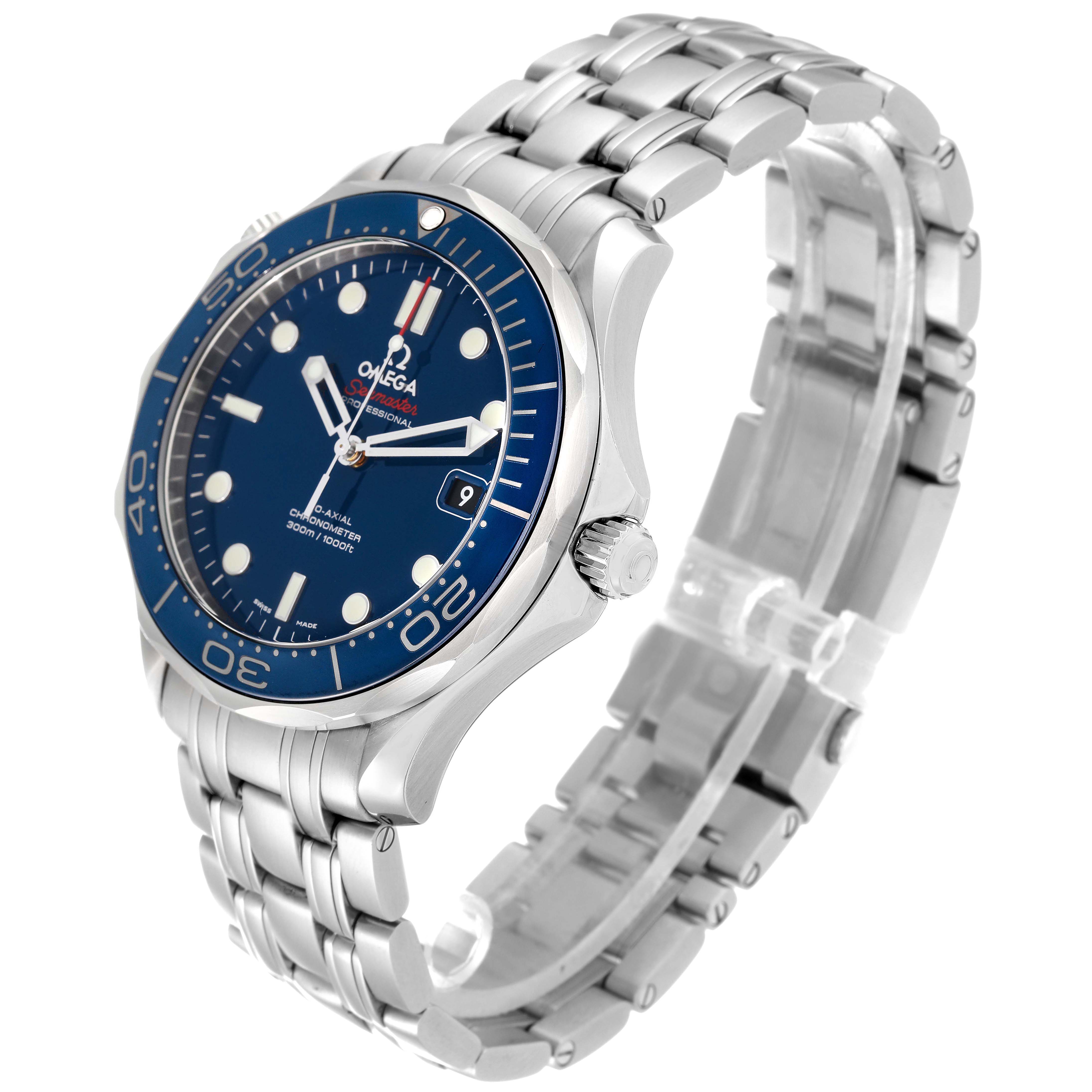The image shows a side angle of an Omega Seamaster 212.30.41.20.03.001 Men
s Stainless Steel Blue Dial 212.30.41.20.03.001 Men
s Stainless Steel Blue Dial watch, highlighting its blue dial, bezel, and metal bracelet.