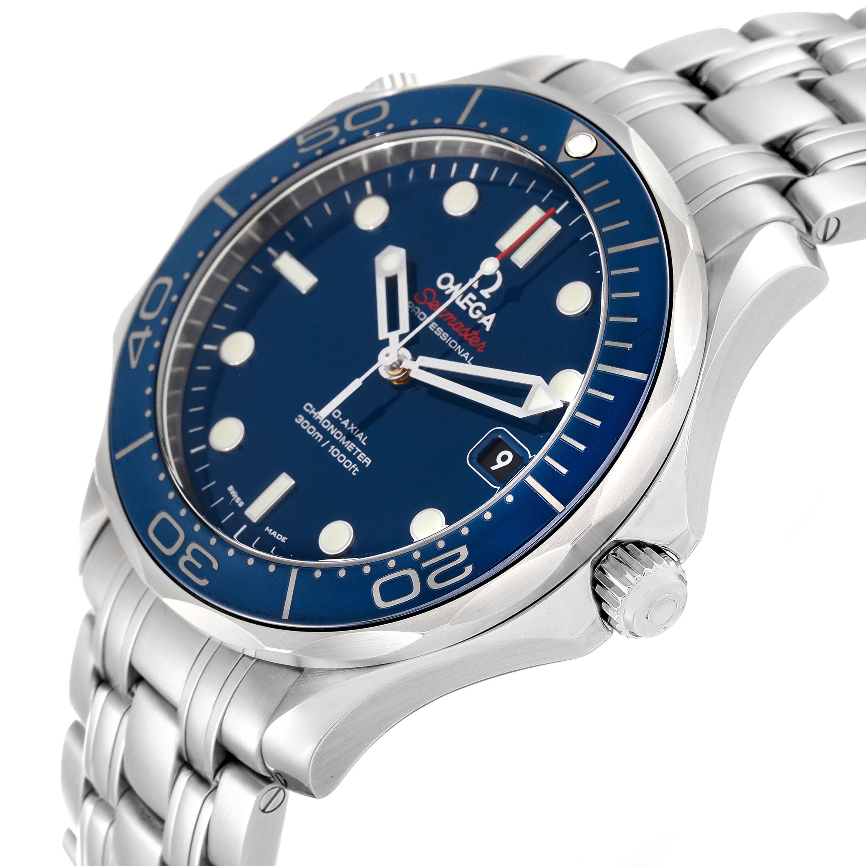 The image shows the Omega Seamaster 212.30.41.20.03.001 Men
s Stainless Steel Blue Dial 212.30.41.20.03.001 Men
s Stainless Steel Blue Dial watch at a slight left angle, highlighting the watch face, bezel, crown, and part of the bracelet.