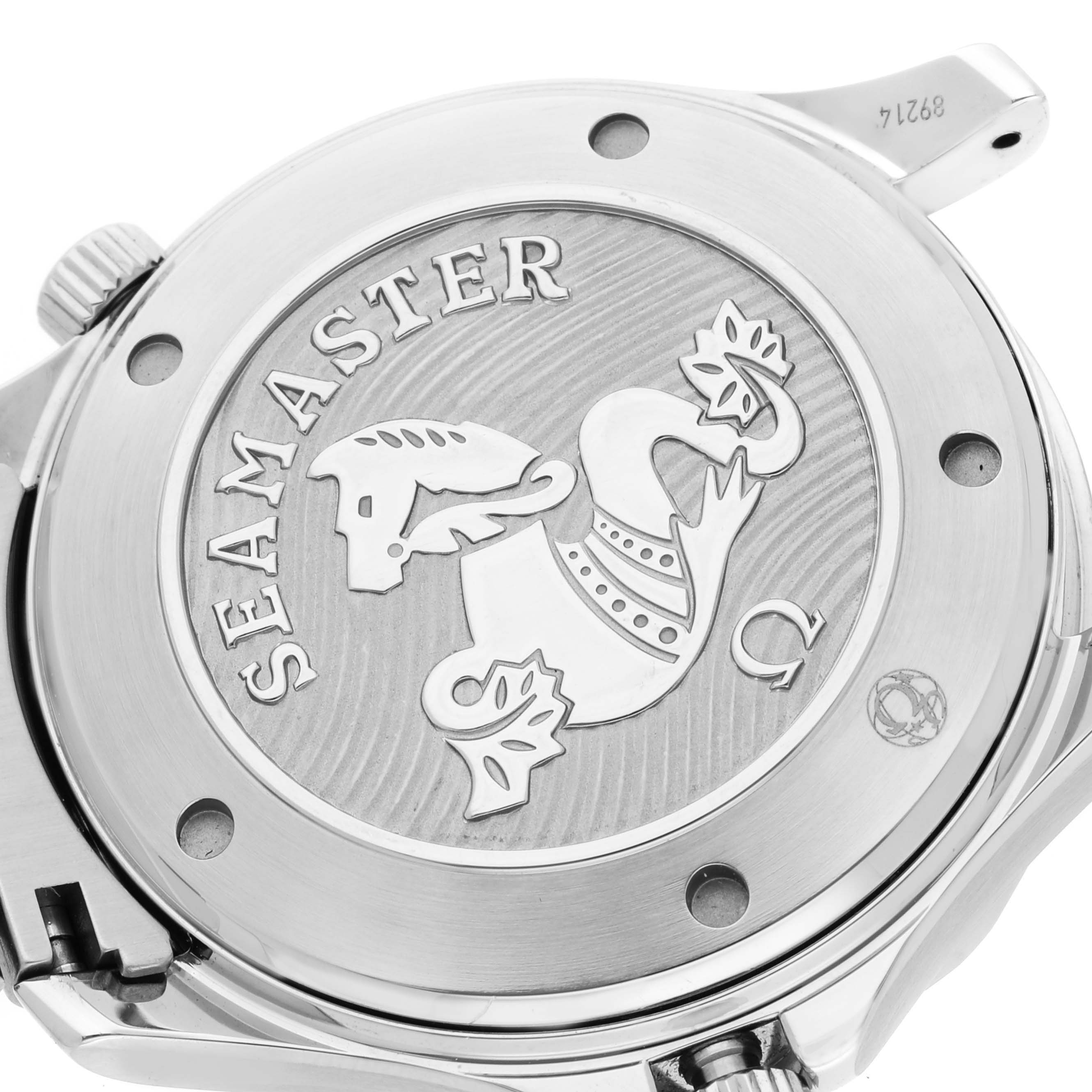 The image shows a detailed close-up of the Omega Seamaster 212.30.41.20.03.001 Men
s Stainless Steel Blue Dial 212.30.41.20.03.001 Men
s Stainless Steel Blue Dial model
s case back, featuring engravings and logos.