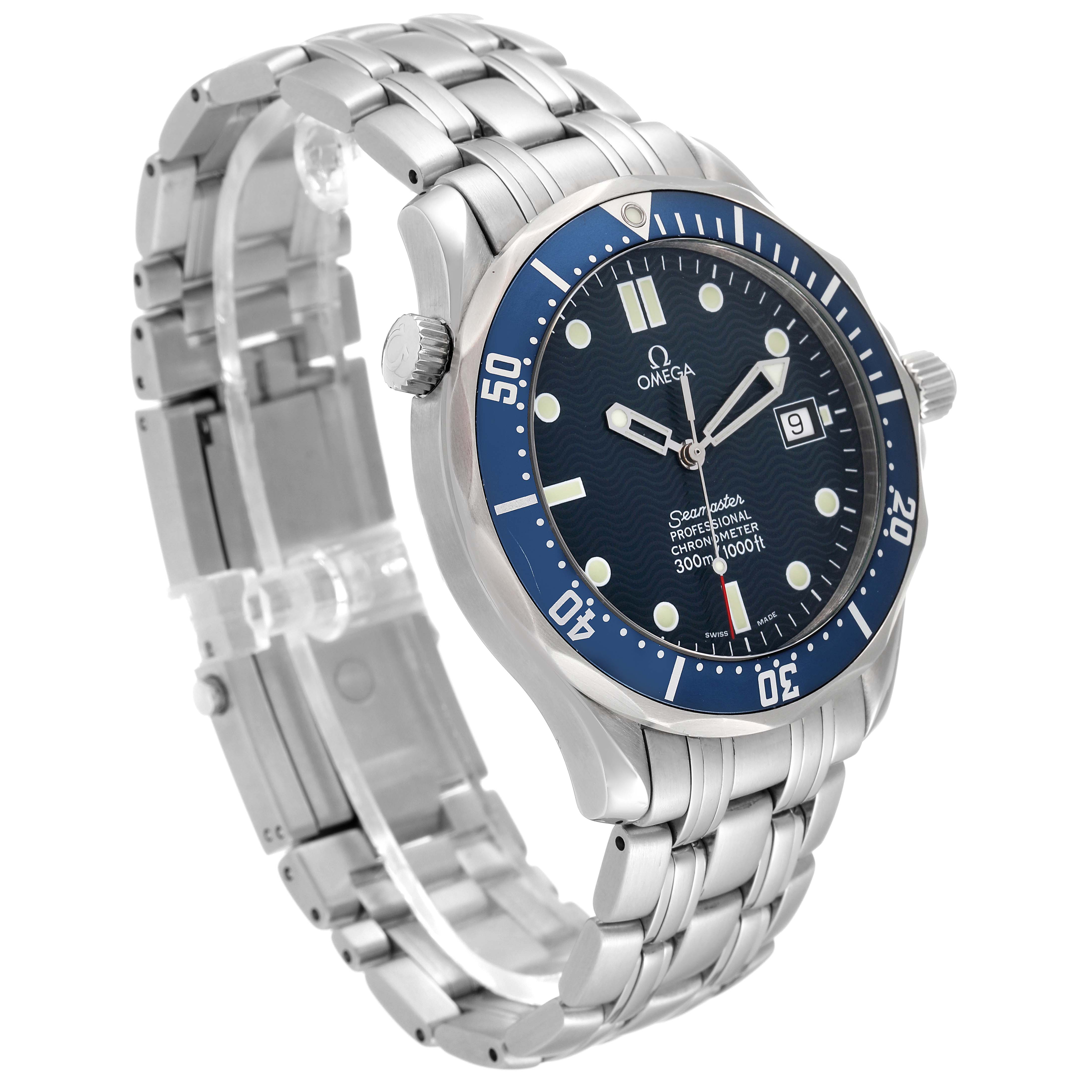 The image shows an Omega Seamaster 2531.80.00 Men
s Stainless Steel Blue Dial 2531.80.00 Men
s Stainless Steel Blue Dial watch from a three-quarter angle, highlighting its dial, bezel, crown, bracelet, and clasp.