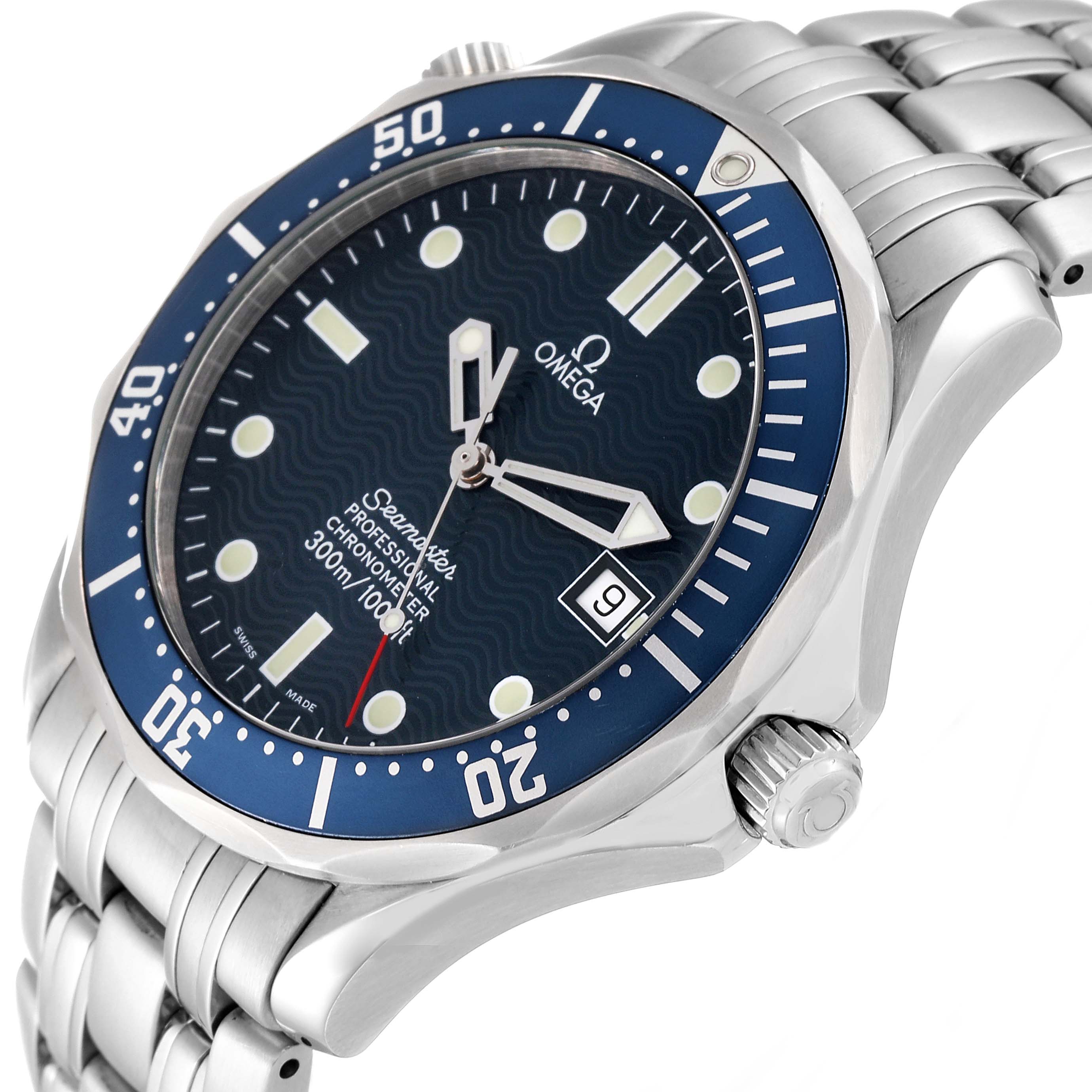 The image shows an angled side view of the Omega Seamaster 2531.80.00 Men
s Stainless Steel Blue Dial 2531.80.00 Men
s Stainless Steel Blue Dial watch, displaying the face, bezel, crown, and part of the bracelet.