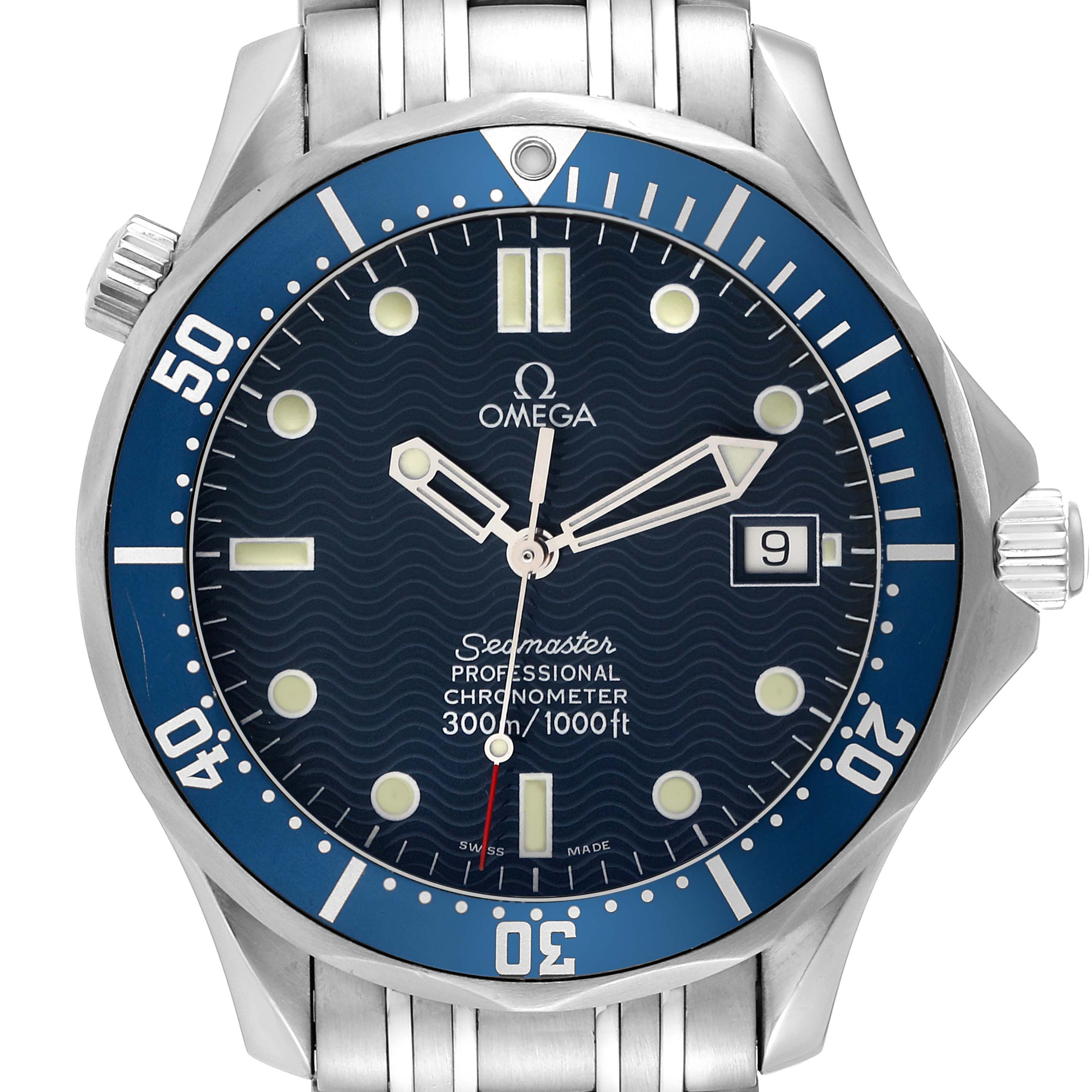 The image shows a front view of the Omega Seamaster 2531.80.00 Men
s Stainless Steel Blue Dial 2531.80.00 Men
s Stainless Steel Blue Dial watch, highlighting its blue dial, bezel, and stainless steel bracelet.