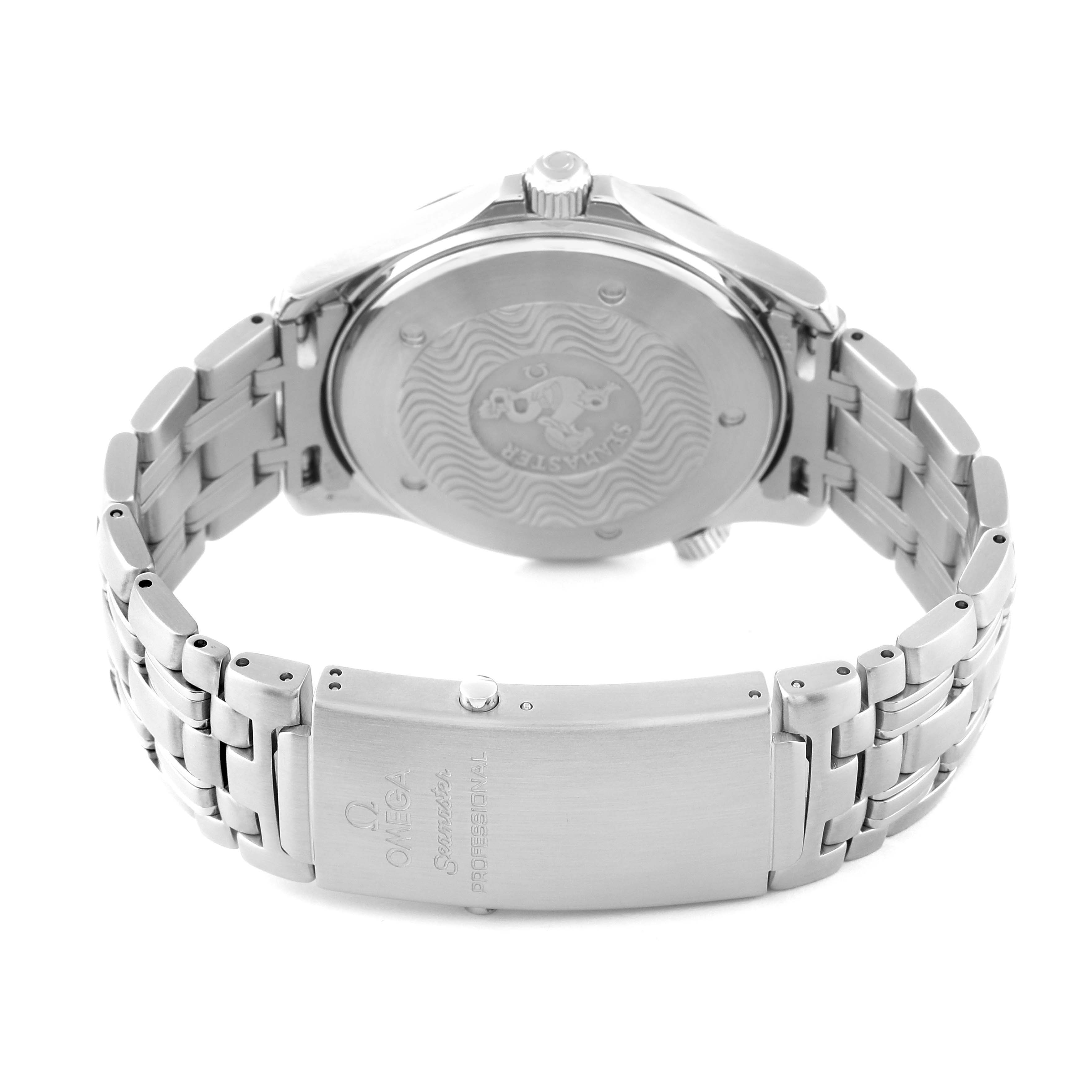 The image shows the back view of an Omega Seamaster 2531.80.00 Men
s Stainless Steel Blue Dial 2531.80.00 Men
s Stainless Steel Blue Dial watch, focusing on the case back and metal bracelet clasp.