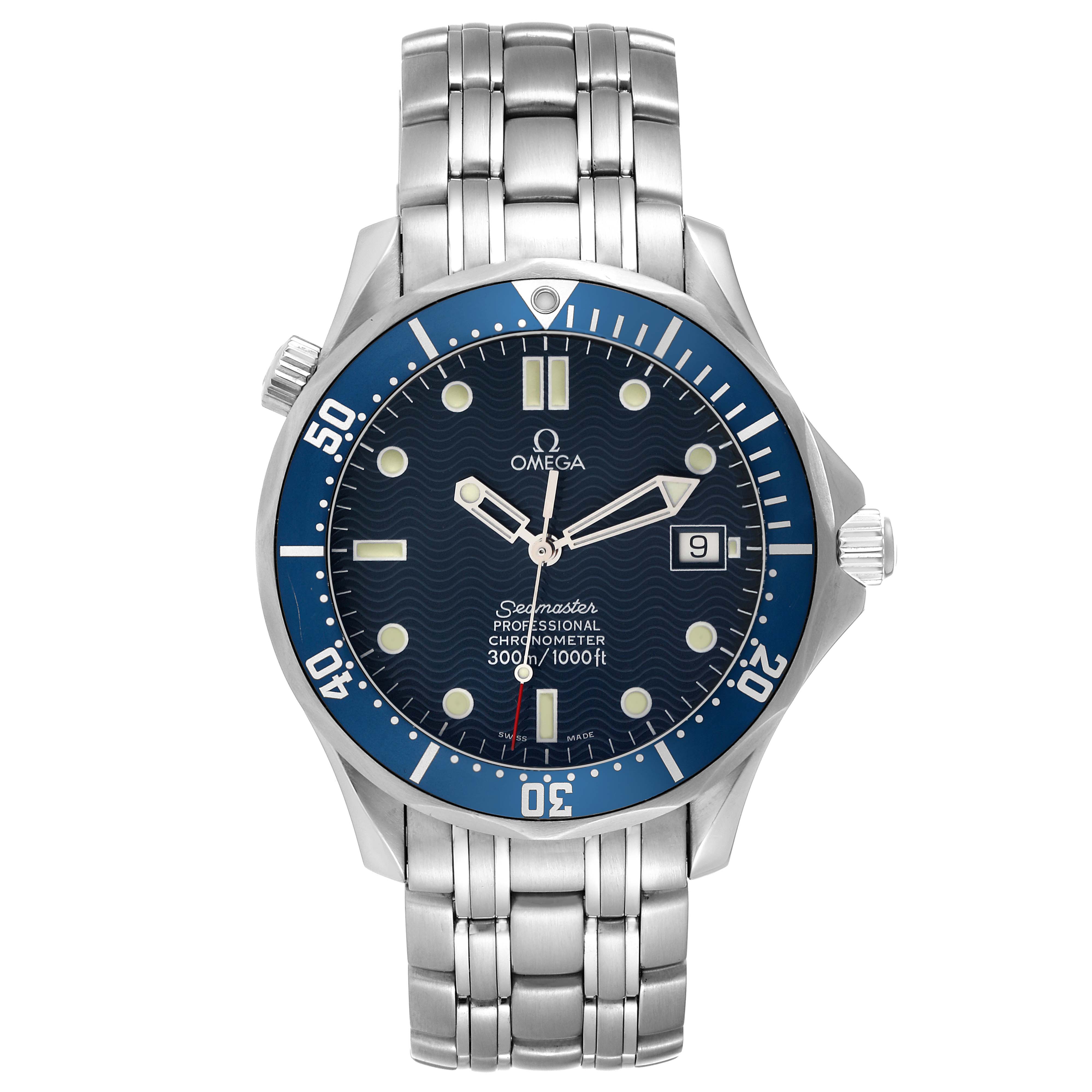 The image shows a front view of the Omega Seamaster 2531.80.00 Men
s Stainless Steel Blue Dial 2531.80.00 Men
s Stainless Steel Blue Dial watch, featuring the dial, bezel, and part of the steel bracelet.