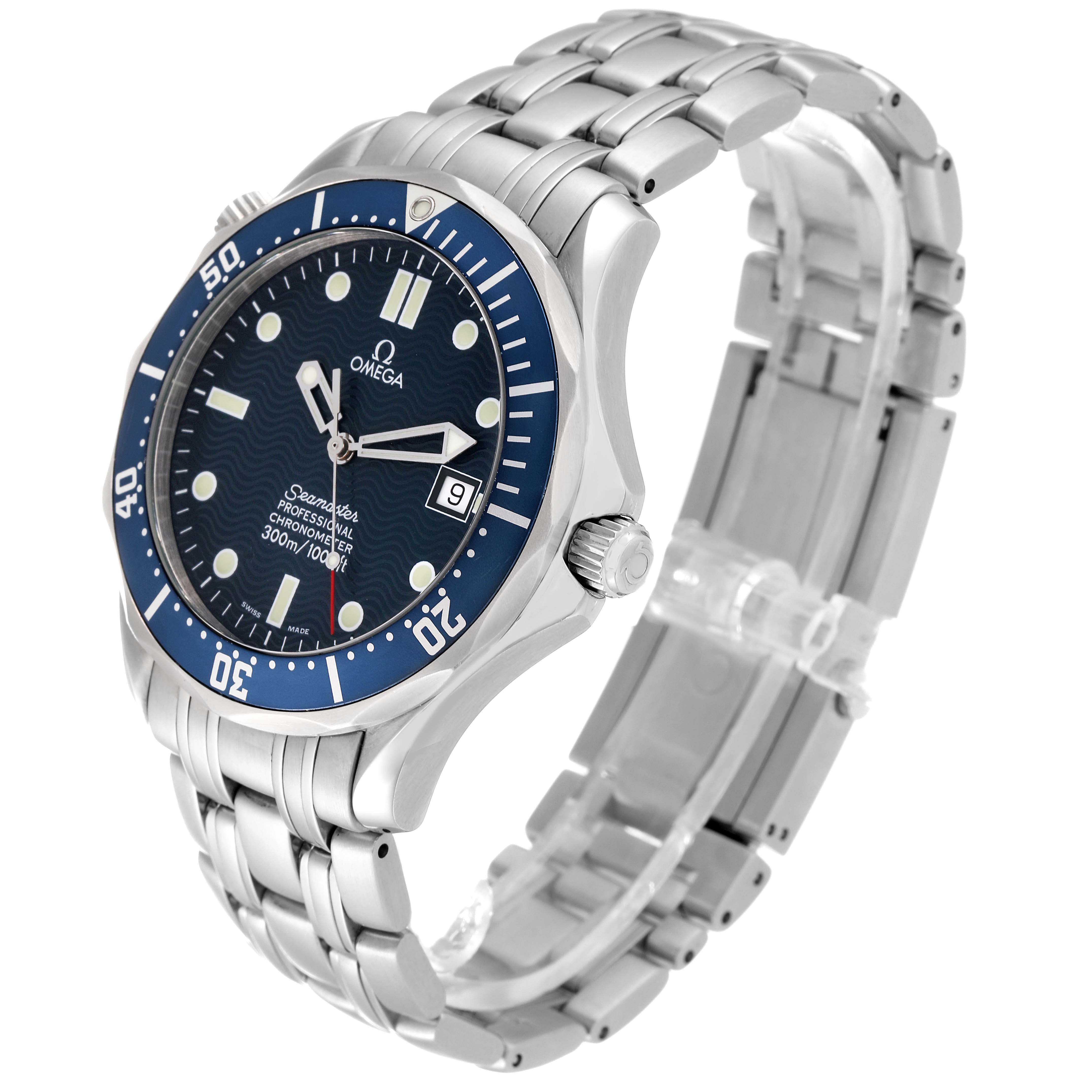The Omega Seamaster 2531.80.00 Men
s Stainless Steel Blue Dial 2531.80.00 Men
s Stainless Steel Blue Dial watch is shown at an angled view, highlighting the dial, bezel, crown, and stainless steel bracelet.
