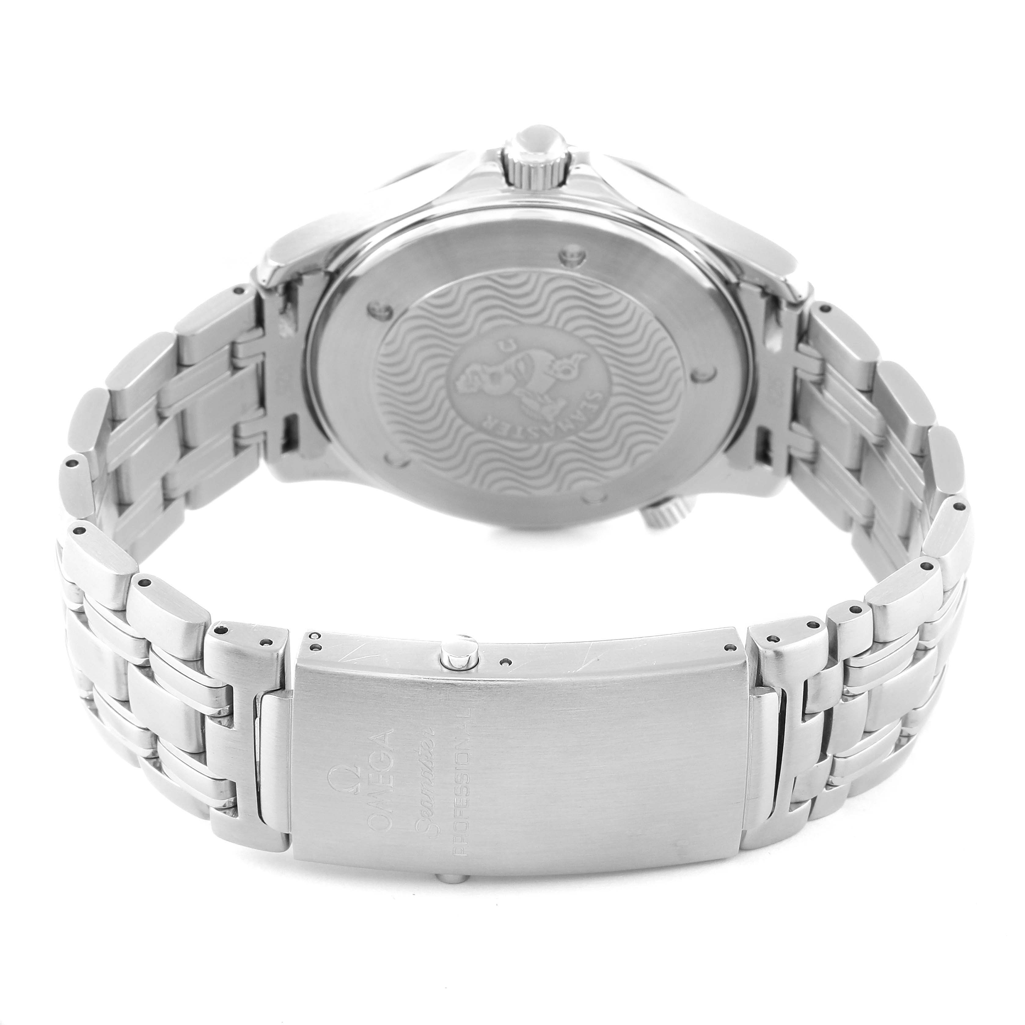 The image shows the back of an Omega Seamaster 2541.80.00 Men
s Stainless Steel Blue Dial 2541.80.00 Men
s Stainless Steel Blue Dial watch and its bracelet, including the case back and clasp with Omega engraving.