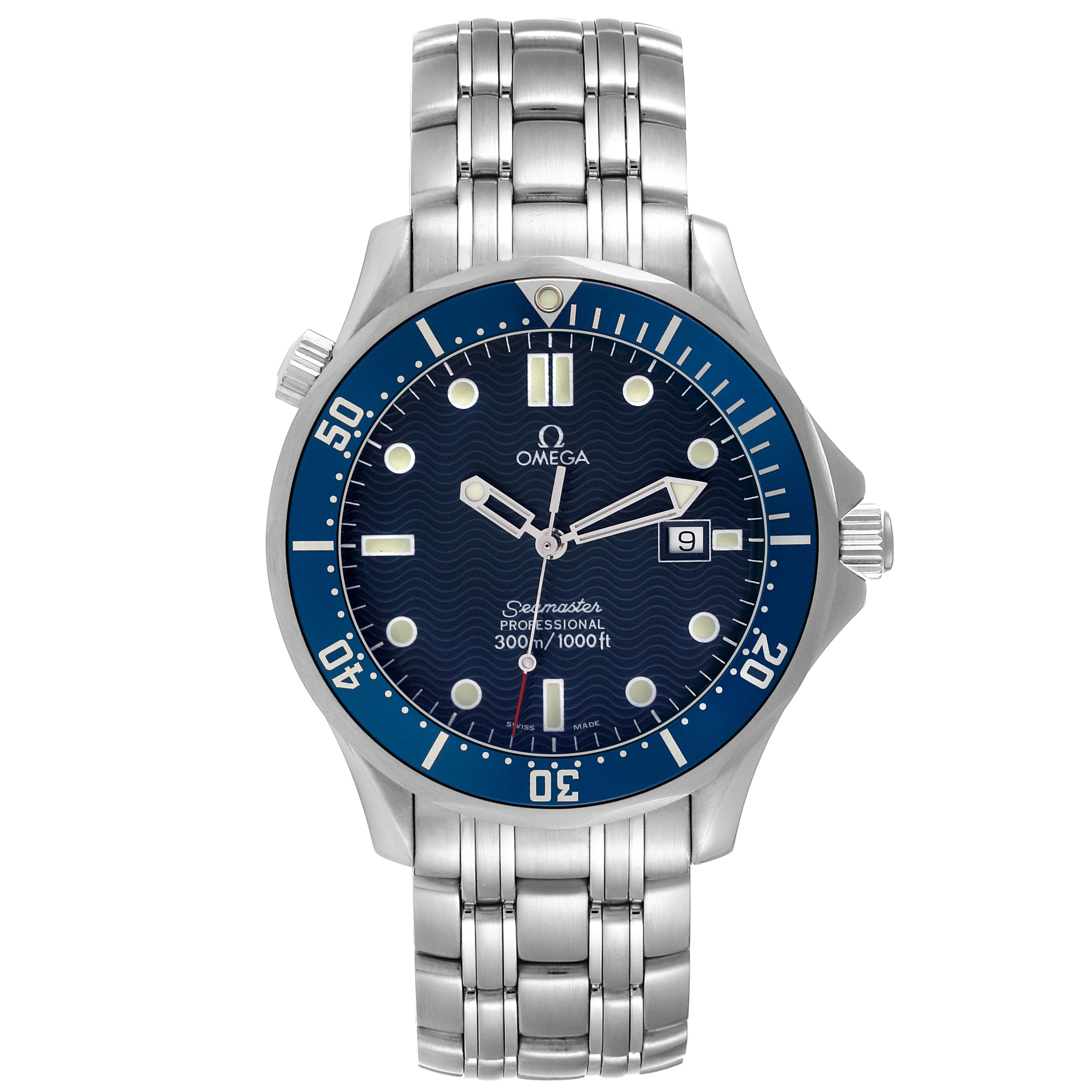 The image shows a front view of the Omega Seamaster 2541.80.00 Men
s Stainless Steel Blue Dial 2541.80.00 Men
s Stainless Steel Blue Dial watch, including its bezel, dial, hands, date window, and stainless steel bracelet.